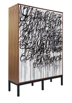Say It Again Armoire, black and white graffiti artwork, mix media