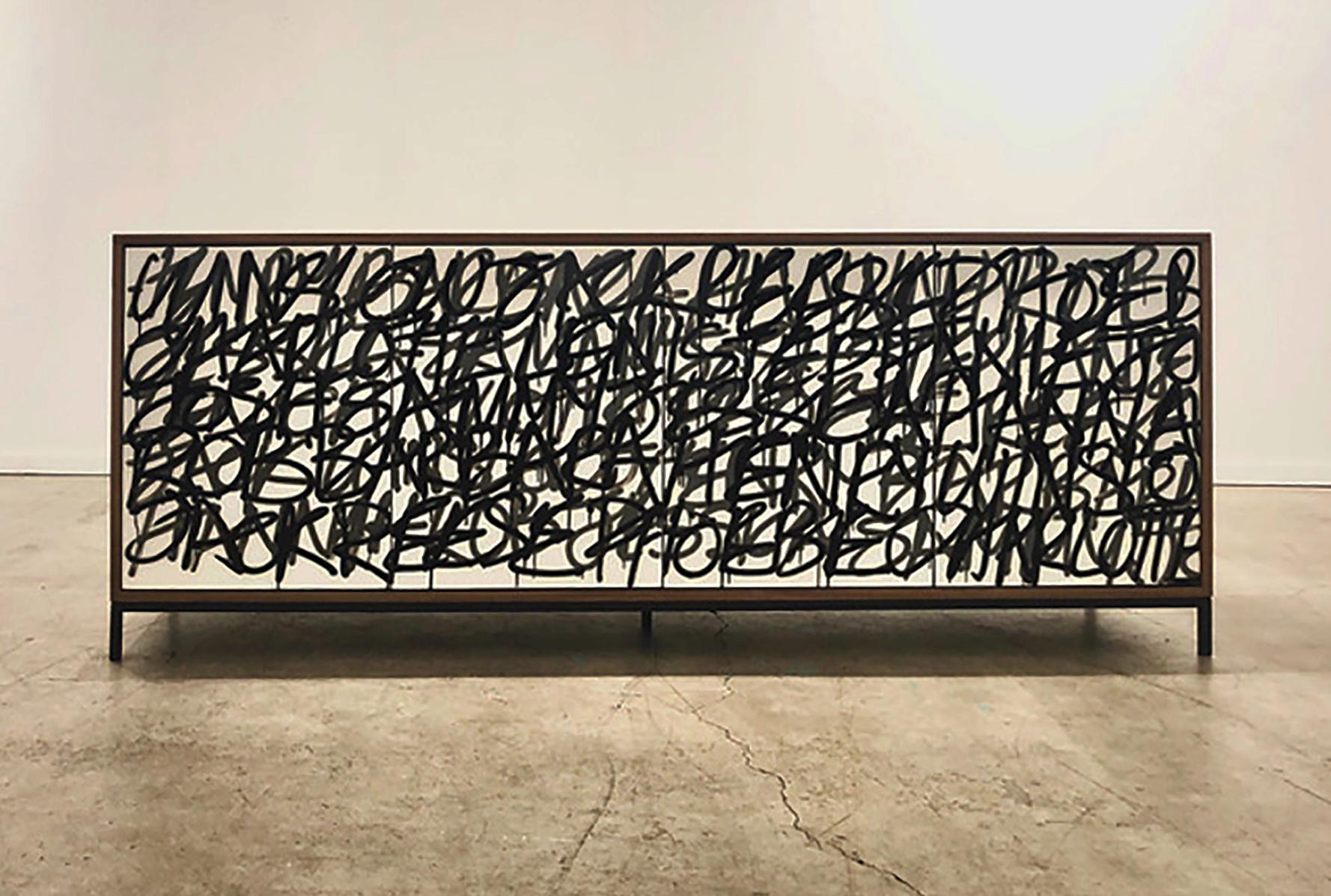 Our 'Say it Again' credenza is creating using graphic, calligraphy inspired, graffiti artwork. The cabinet is designed and finish in our Toronto studio, Morgan Clayhall. The artist is Murray Duncan.

The client can supply