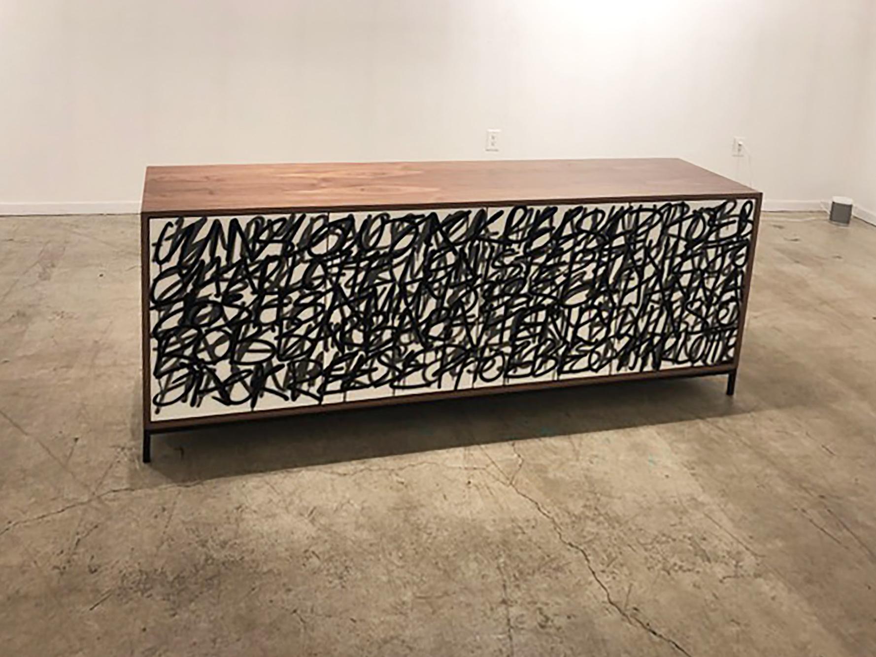 Modern Say It Again graffiti credenza by Morgan Clayhall, mix media artwork on doors For Sale