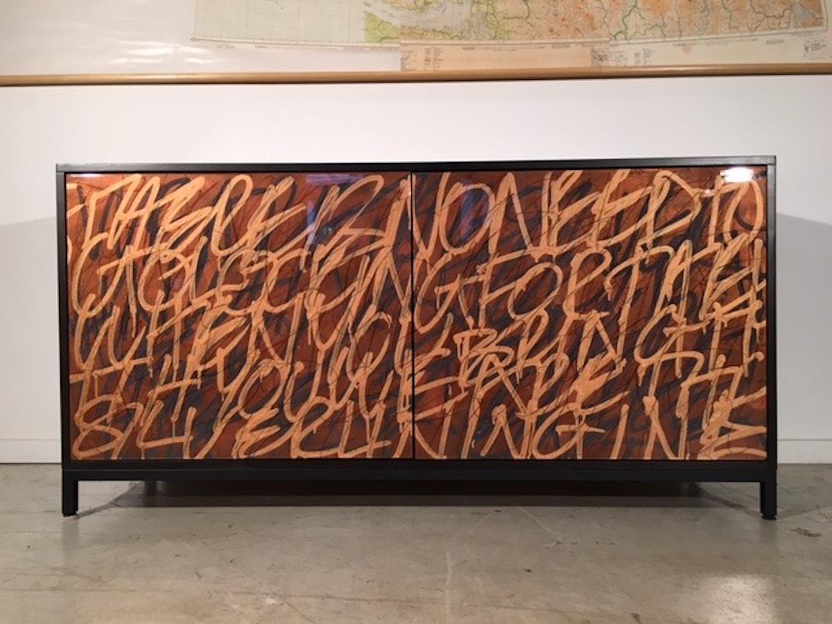 Contemporary Say It Again graffiti credenza by Morgan Clayhall, mix media artwork on doors For Sale