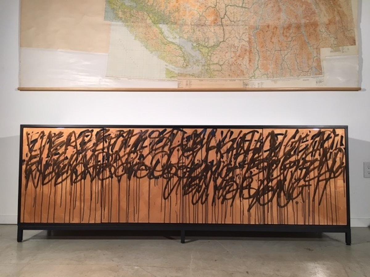 Steel Say It Again graffiti credenza by Morgan Clayhall, mix media artwork on doors For Sale