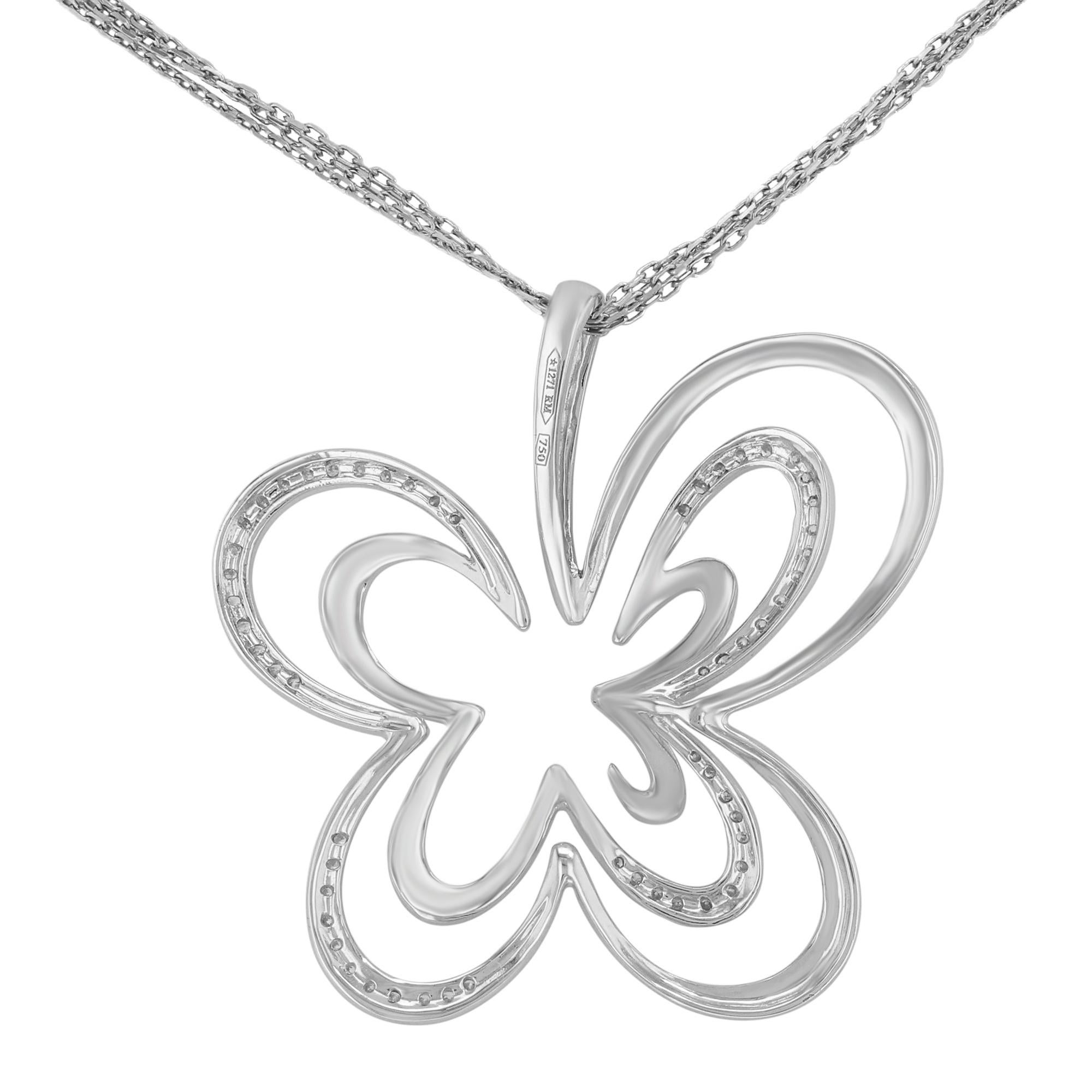 This necklace is made of 18k white gold and encrusted with 0.20 cttw diamonds. Length of the necklace is 16.25