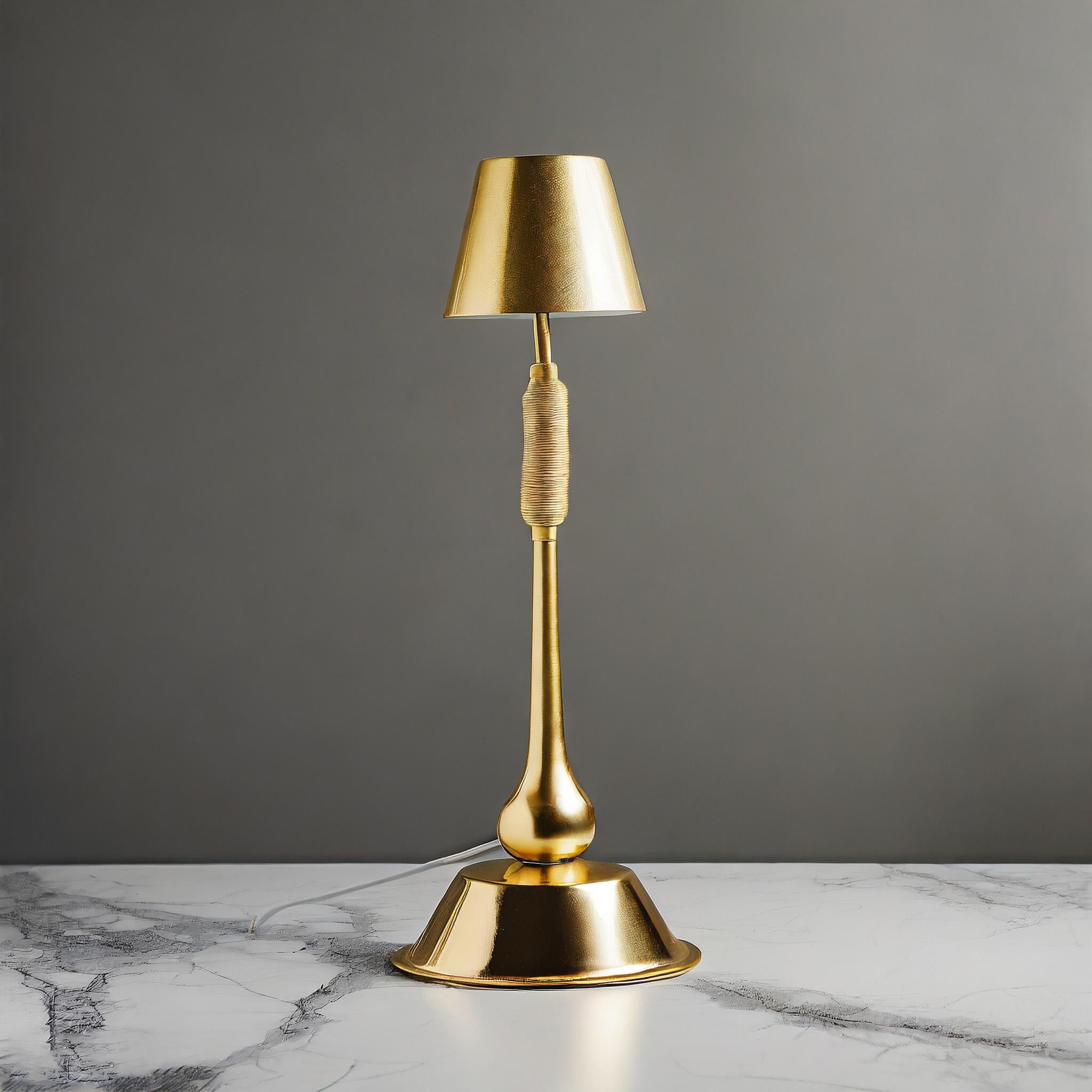 Introducing the 'Saya' Golden Brass Desk Lamp, a masterpiece of elegance and warmth.

This lamp boasts a finely machined turned base with a brass wire coil detail, topped by pressed brass cones for both the base and lampshade. Its soft aesthetic