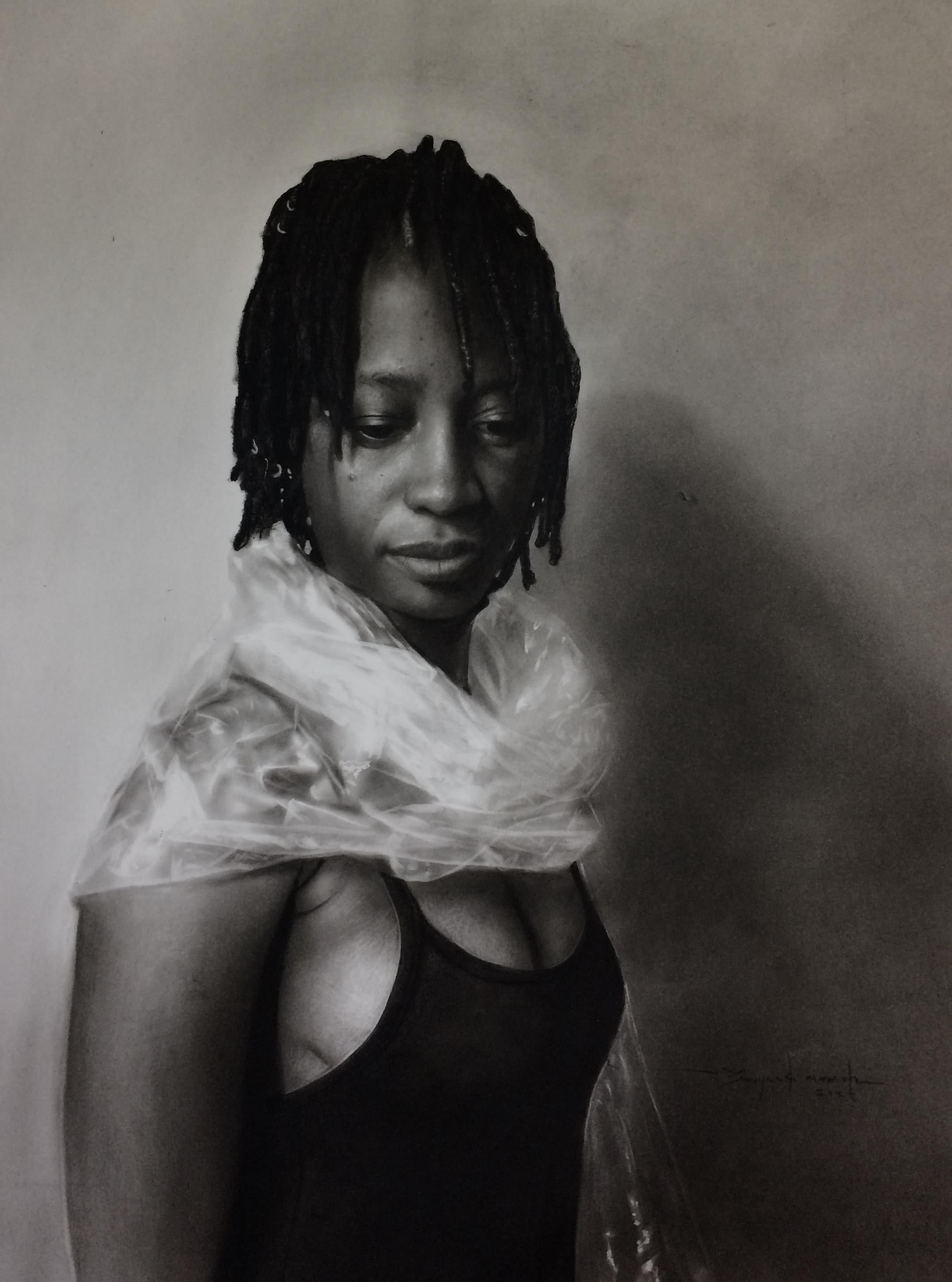 Portrait Painting di Sayeed Momoh - Permettimi -21° secolo, Contemporaneo, Ritratto figurativo, Bianco e nero, Amore