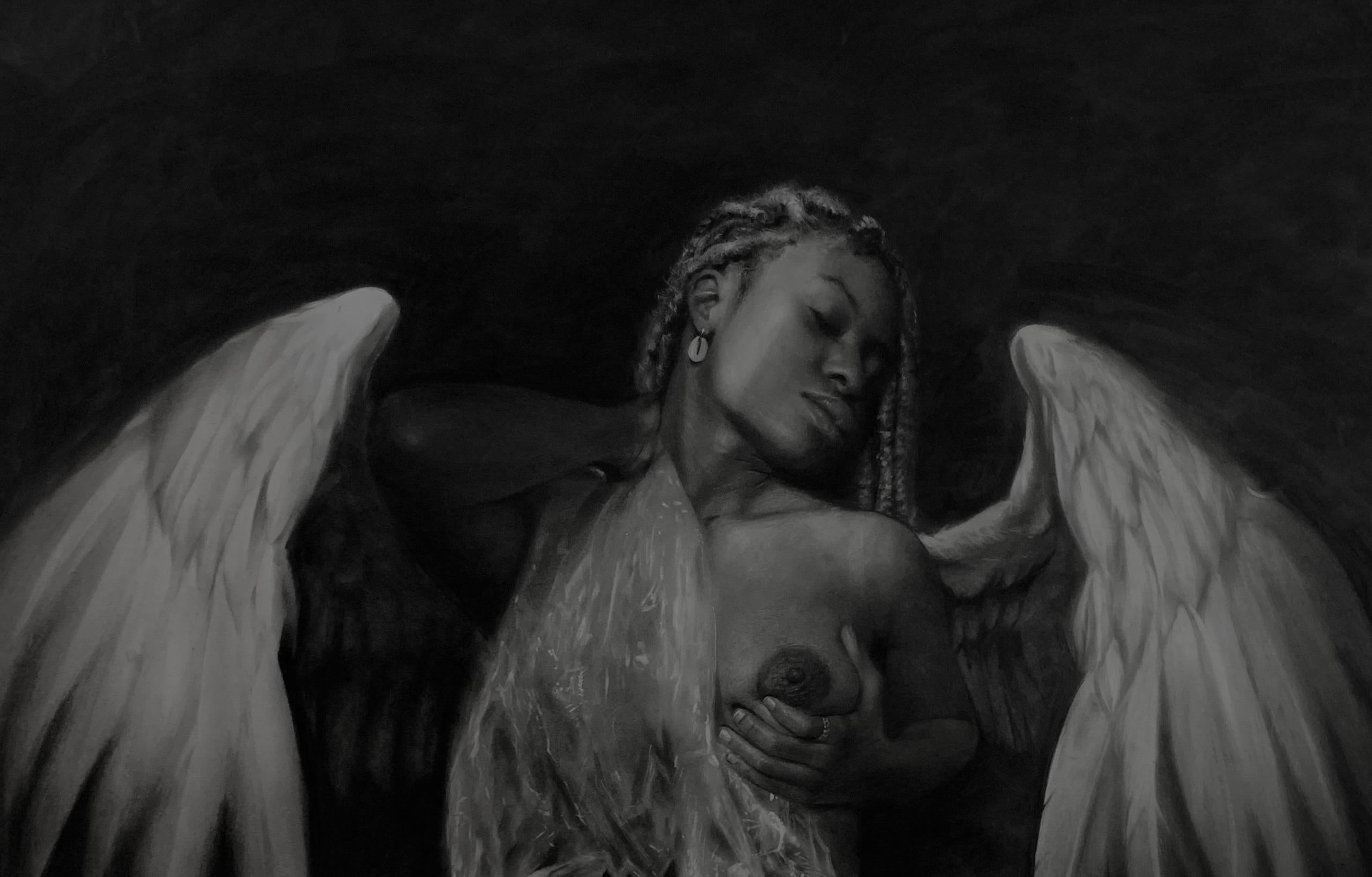 Ethereal Refuge - 21st Century, Contemporary, Figurative, Nude, Black and White - Painting by Sayeed Momoh