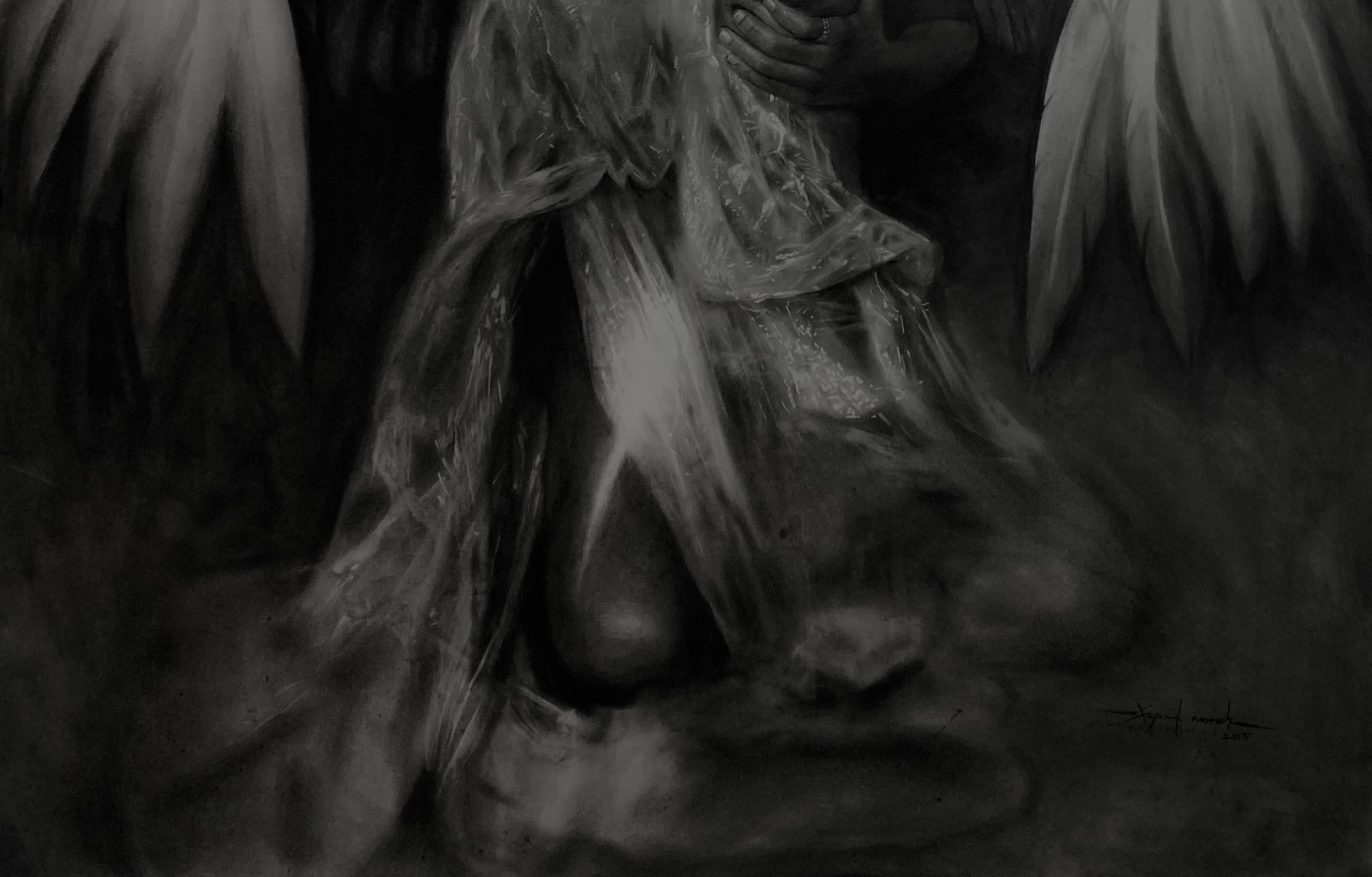 Ethereal Refuge - 21st Century, Contemporary, Figurative, Nude, Black and White - Expressionist Painting by Sayeed Momoh