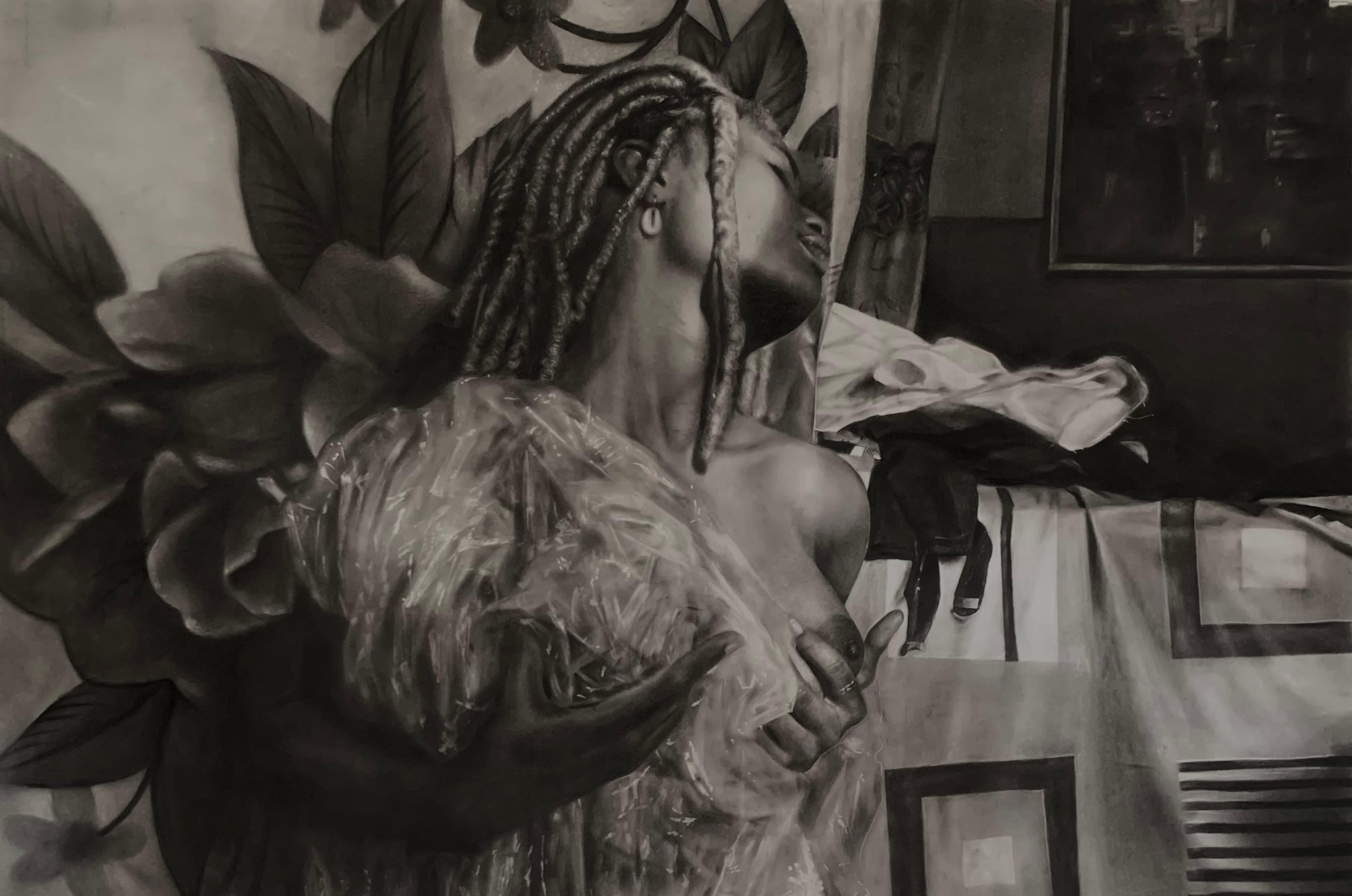 In Bloom - 21st Century, Contemporary, Figurative Realism, Nude, Black and White - Painting by Sayeed Momoh