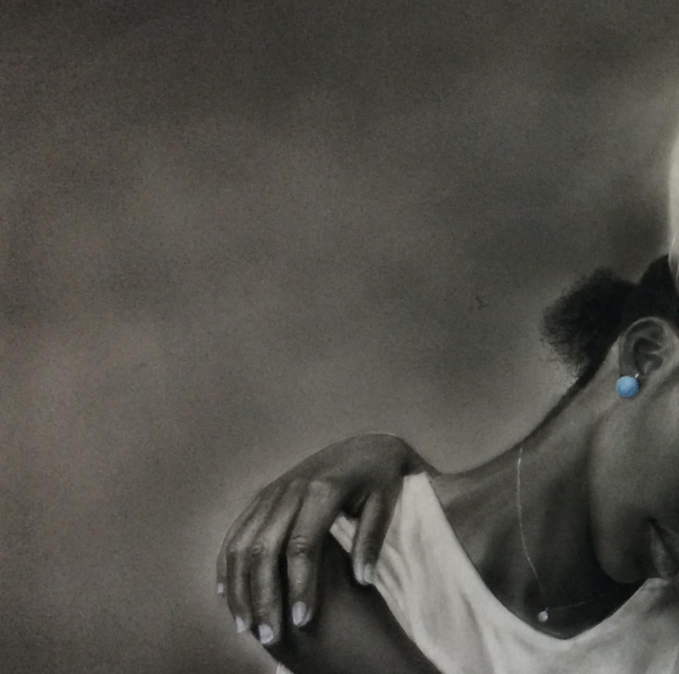 Sisters - 21st Century, Contemporary, Figurative Portrait, Love, Black and White - Painting by Sayeed Momoh