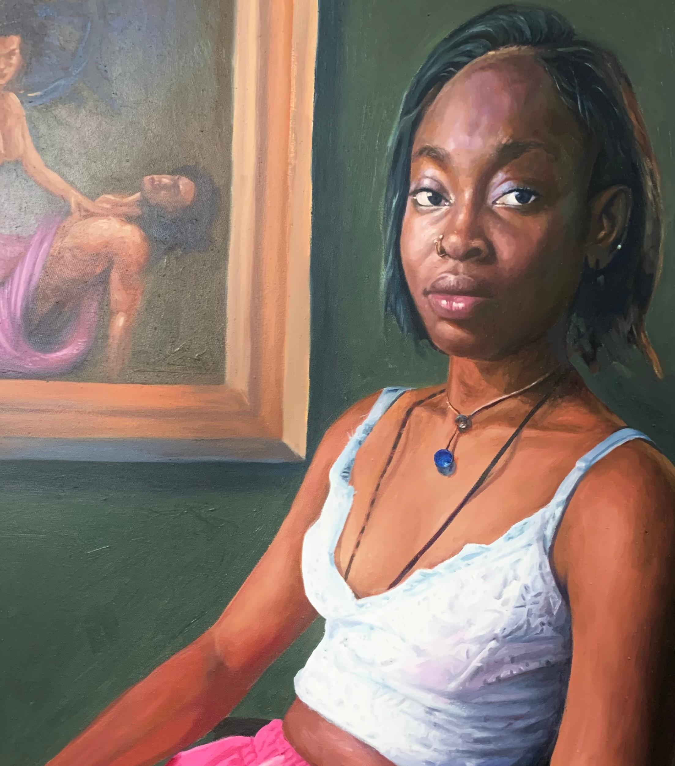 La sua storia silenziosa - 21° secolo, Espressionista, Ritratto figurativo, Olio, Donne - Figurative Painting Grigio di Sayeed Momoh