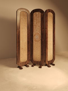 SĀYEH Screen – Solid Walnut with Hand-Embroidered Panel Inserts