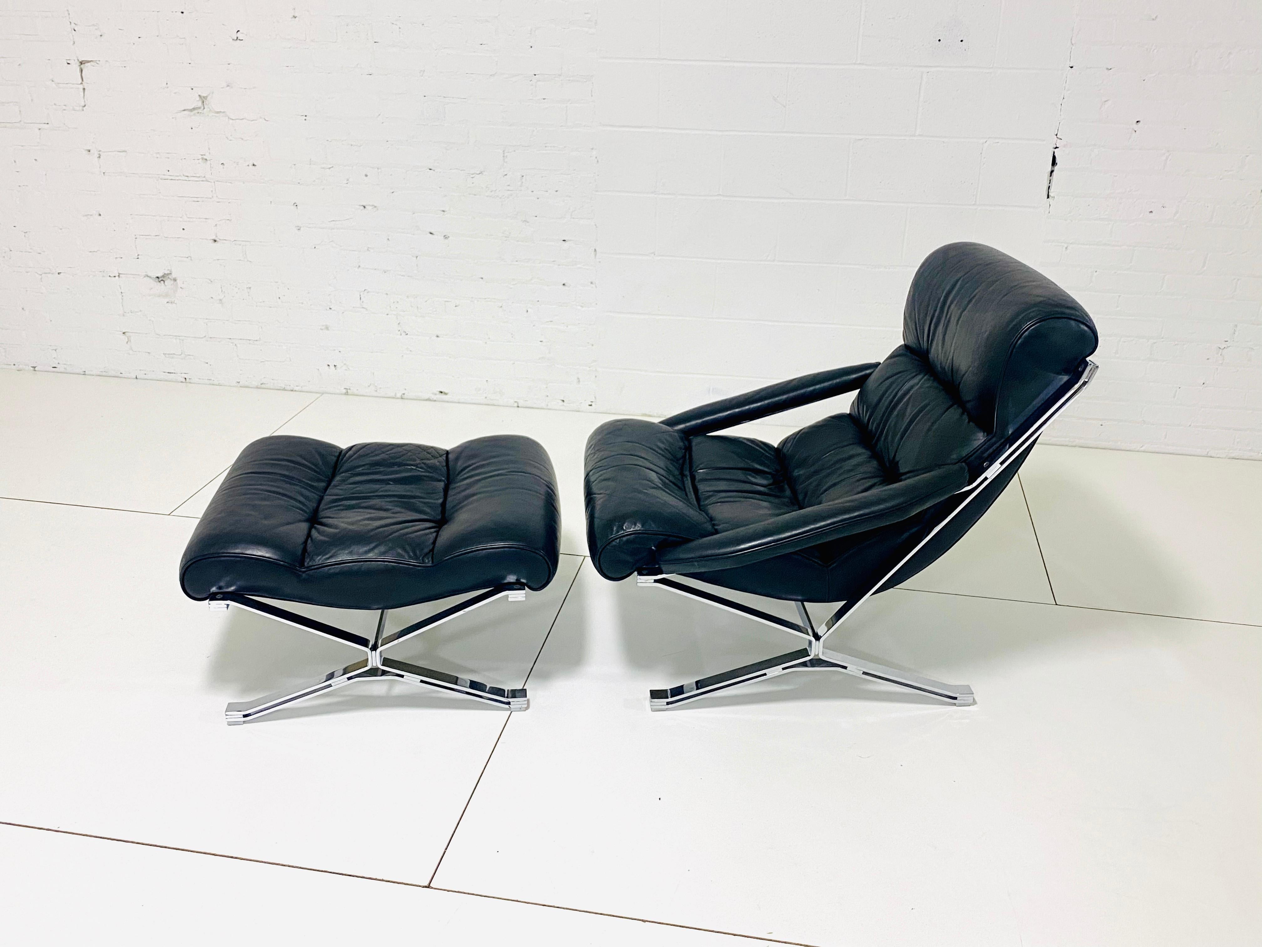 Sayonara” chair and ottoman by Giulio Moscatelli, 1960s Produced by Formanova. Heavy chrome frame with rich thick leather In excellent condition.
