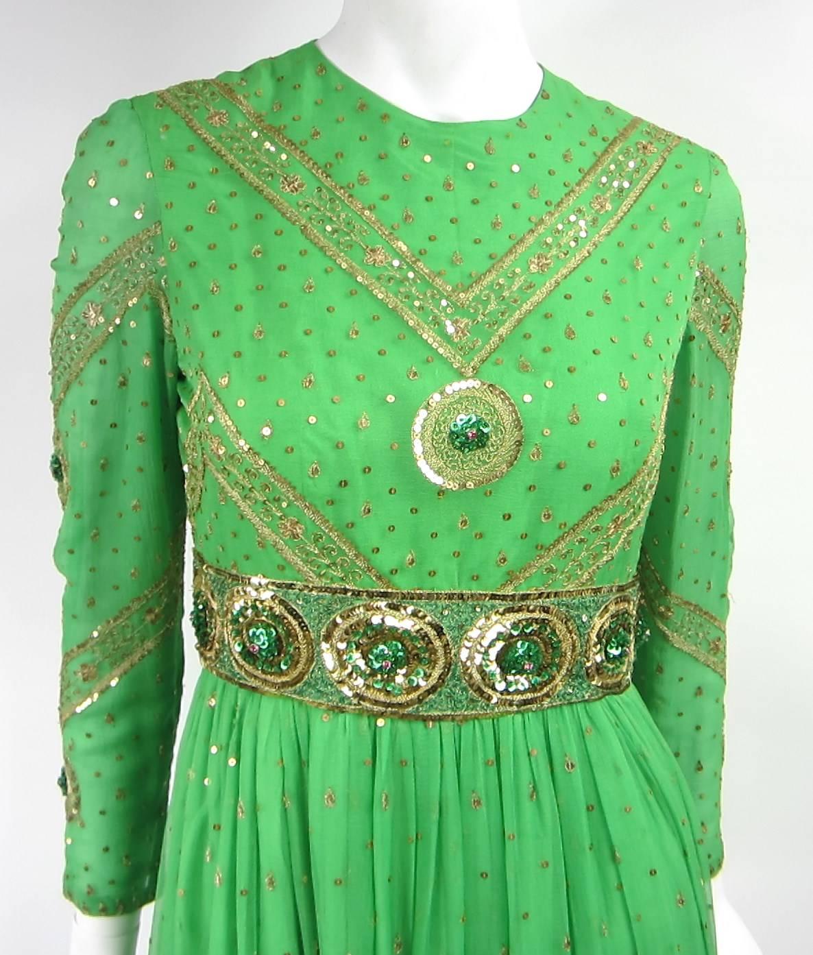 Green Saz Surjit & Adash Gill Gown Beaded Silk Dress 1970s