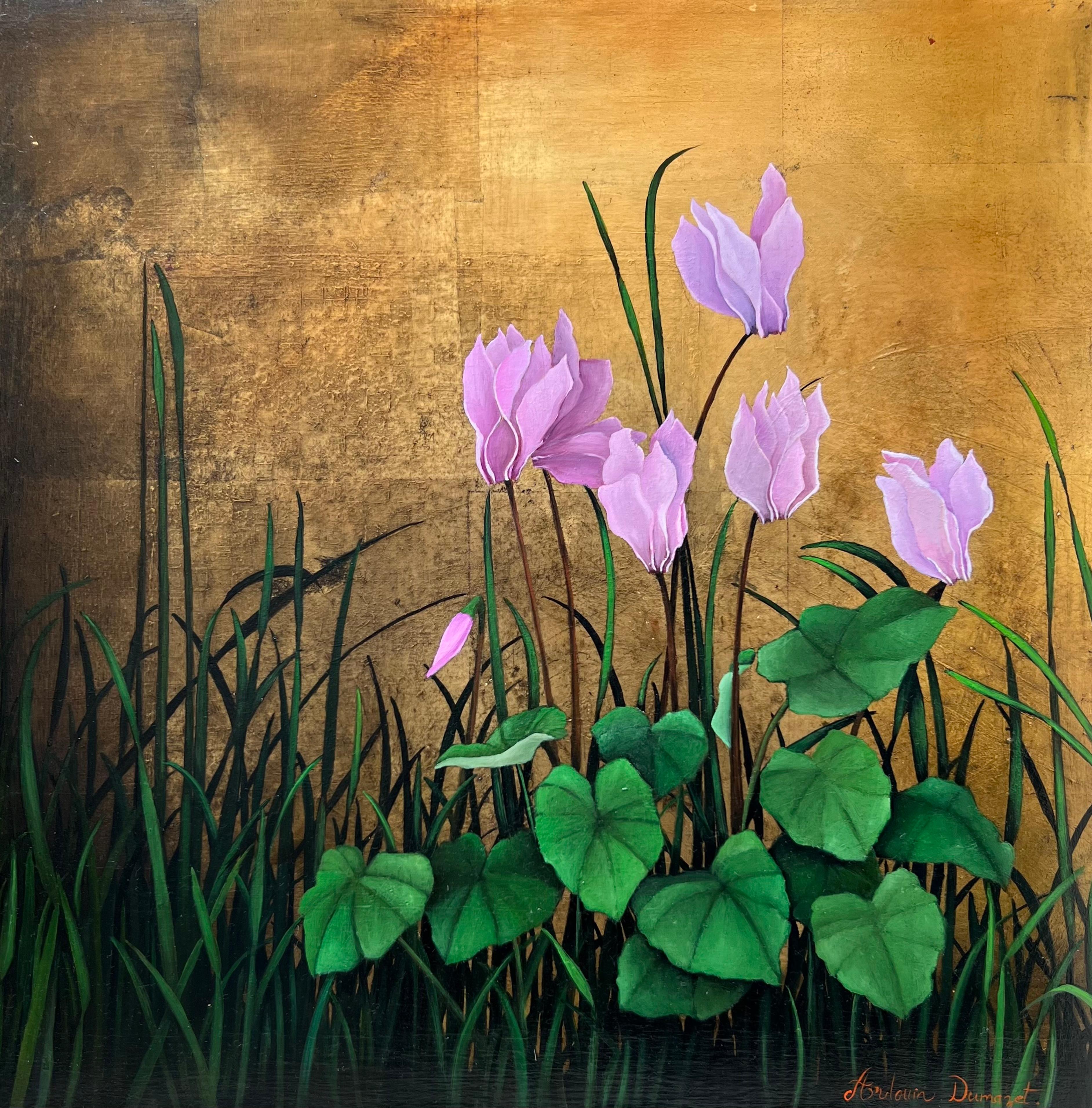 Sébastien Ardouin Dumazet (b. 1972) – "Cyclamens" Oil on oxidized gilded leaf on canvas, 2025, 19⅝ × 19⅝ in. (50 × 50 cm)

"Cyclamens" is a floral still life by French artist Sébastien Ardouin Dumazet, executed in 2025. The work exemplifies the