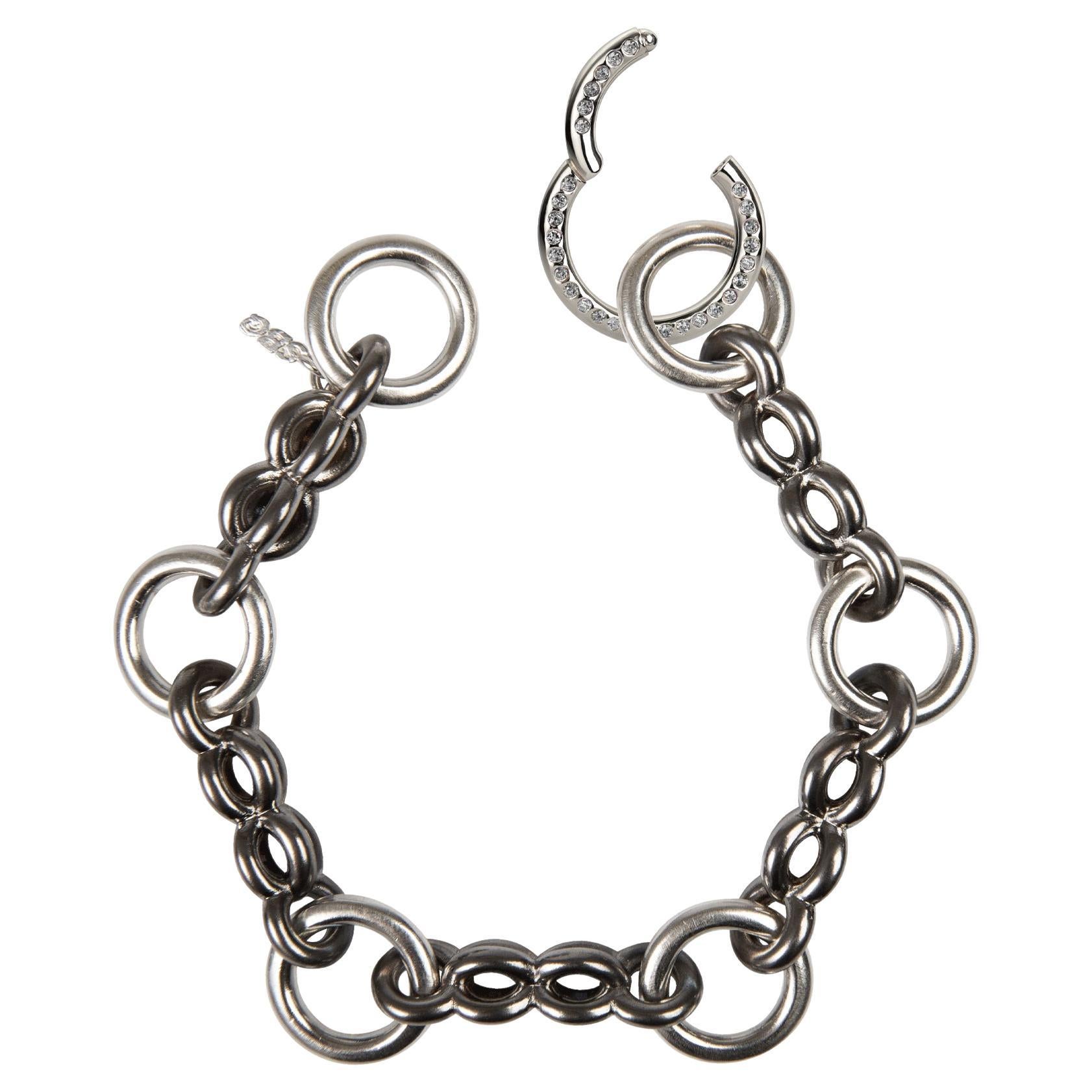 SBQ Bold Segment Chain Bracelet with Diamond & Sapphire Clicker, 14K white gold