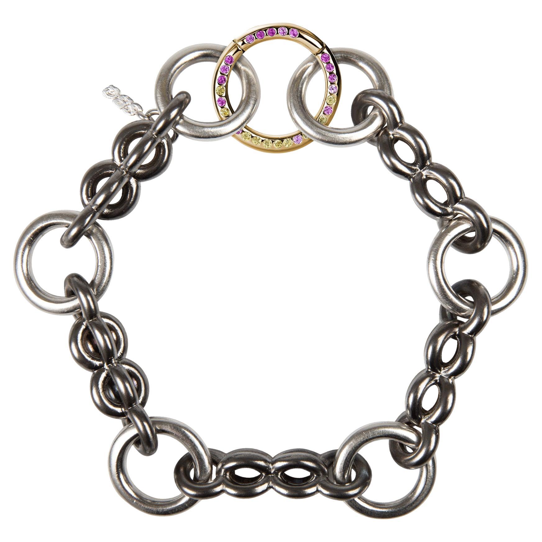 SBQ Bold Segment Chain Bracelet with Diamond & Sapphire Clicker, 14K yellow gold