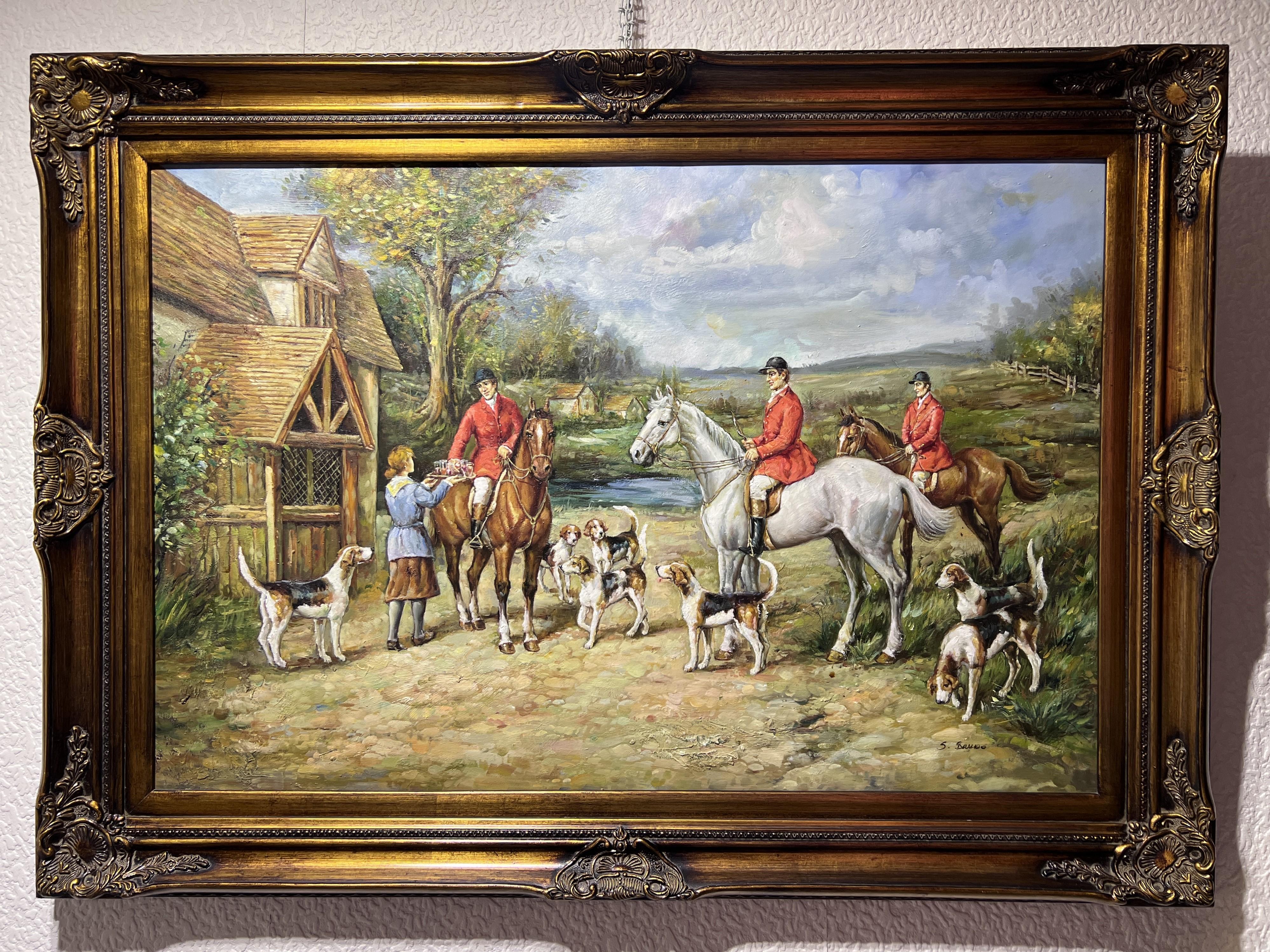 Up for sale is this large original oil painting on canvas depicting a vibrant and lively equestrian scene, likely set in the English countryside. The focal point is a group of three riders, each clad in traditional red hunting jackets, seated on