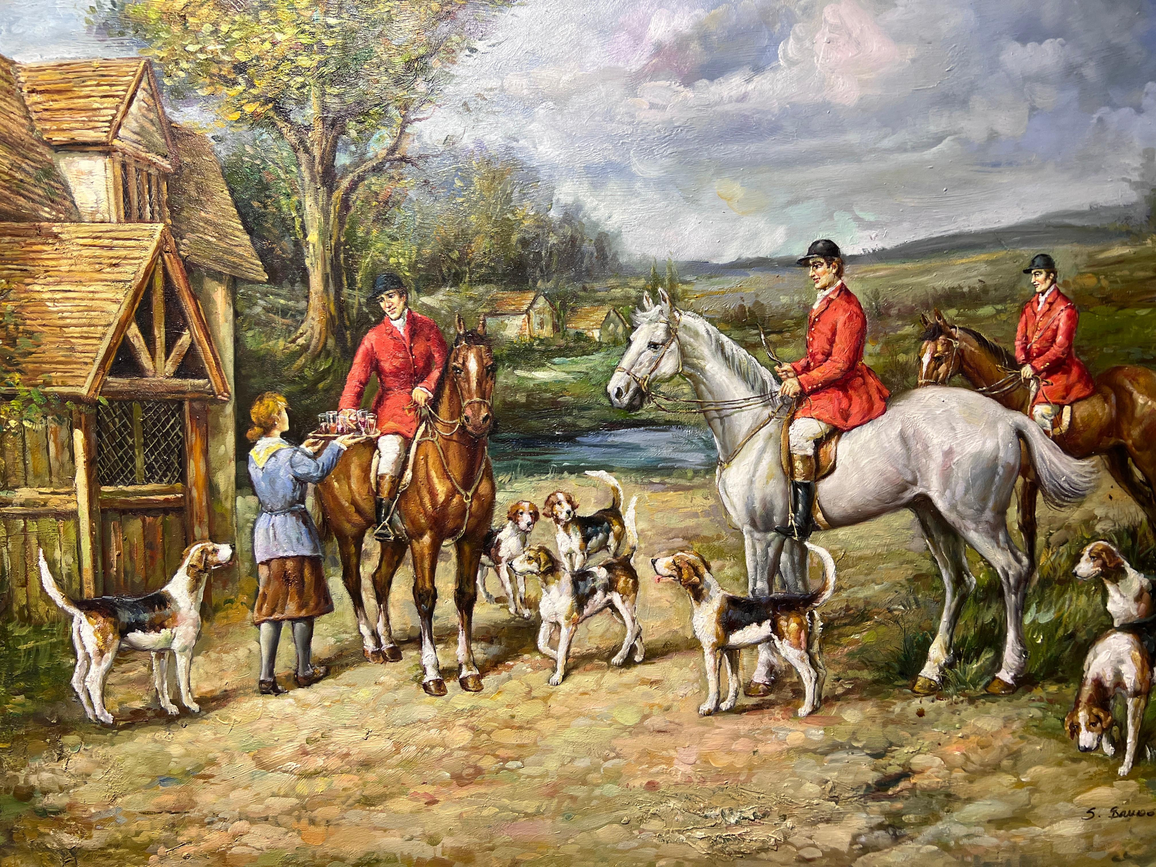 S.Bruno original Large oil painting on canvas, English Hunting scene, Gold Frame For Sale 1