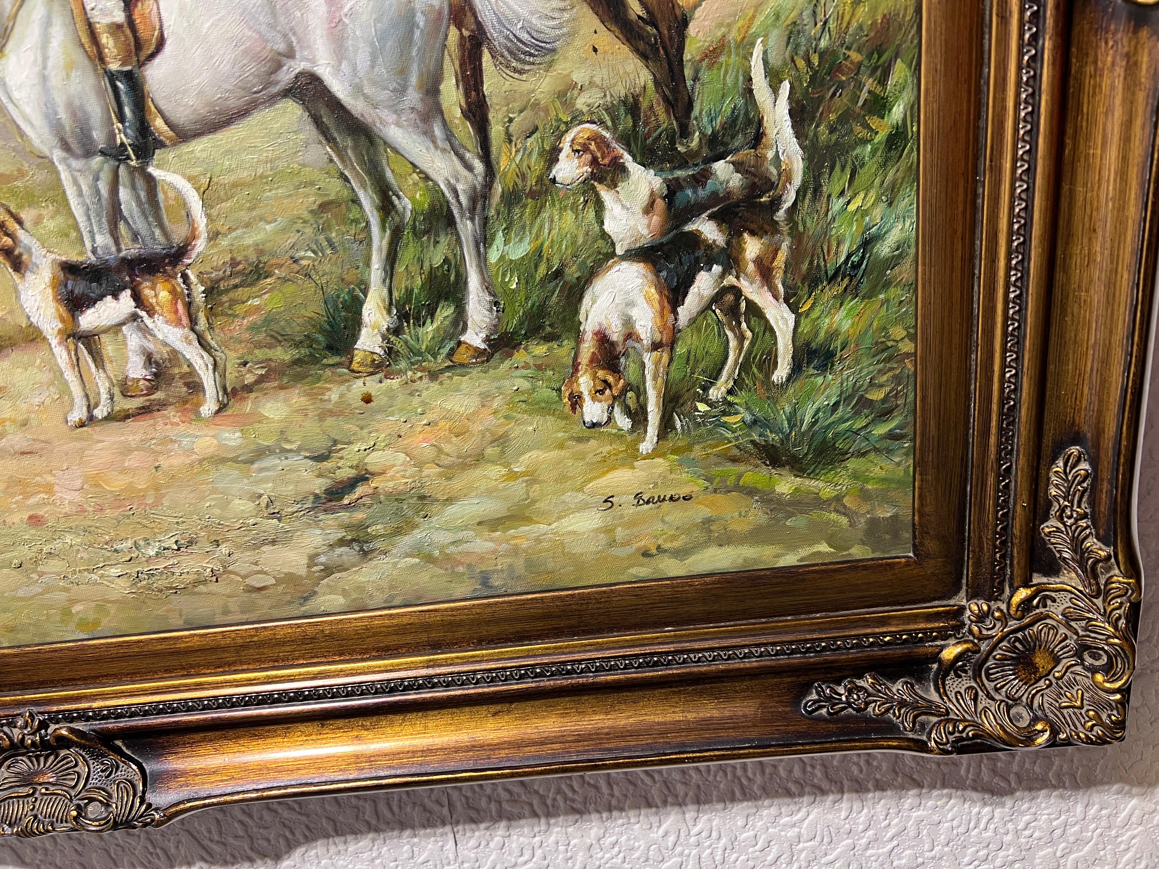 S.Bruno original Large oil painting on canvas, English Hunting scene, Gold Frame For Sale 5