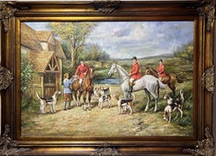 Grande peinture à l'huile originale de S.Bruno sur toile, scène de chasse anglaise, cadre doré