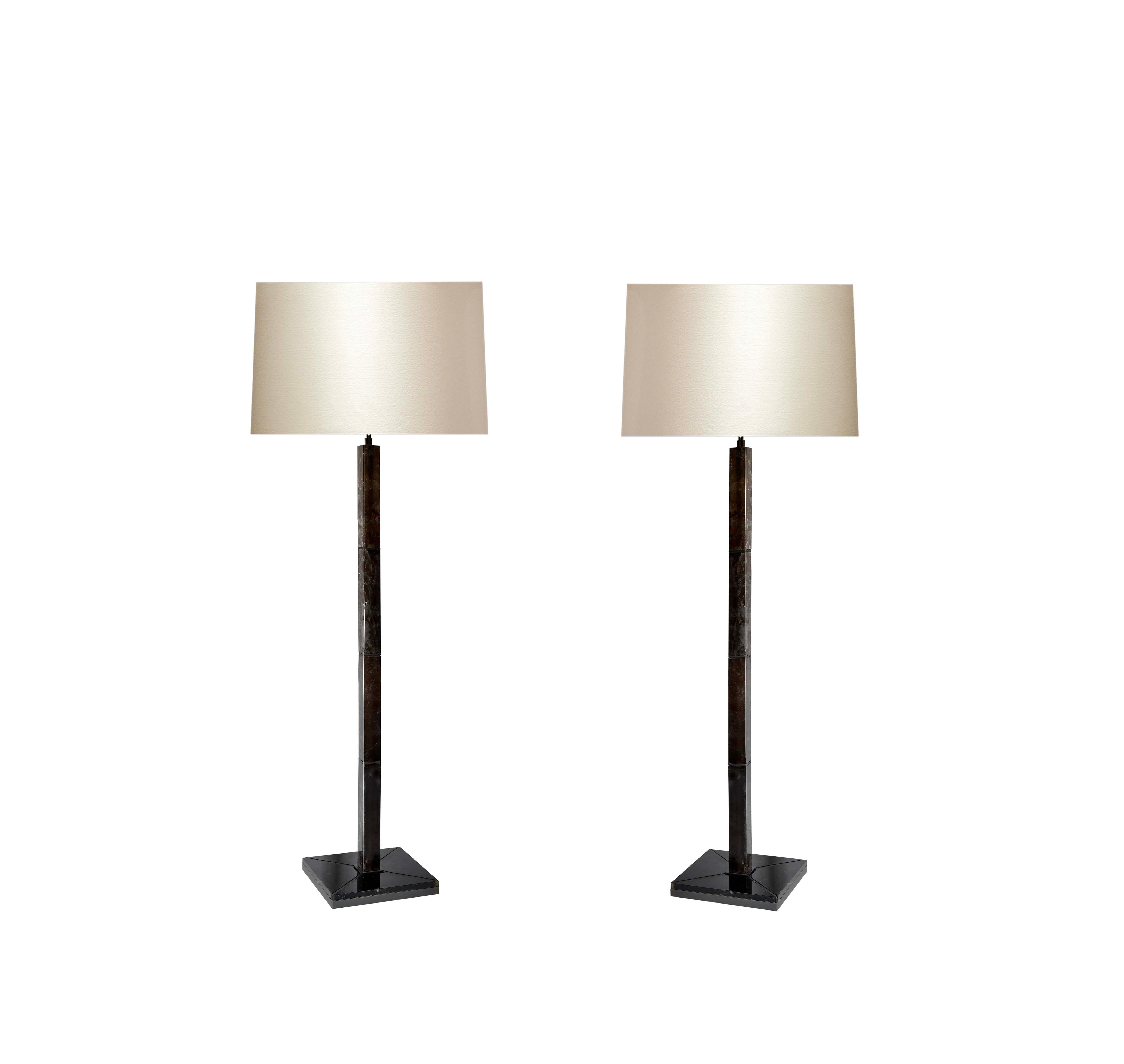 Pair of square sectional column dark smoky rock crystal floor lamps with dark brass finishes. Created by Phoenix Gallery. NYC. 
To the top of rock crystal: 54