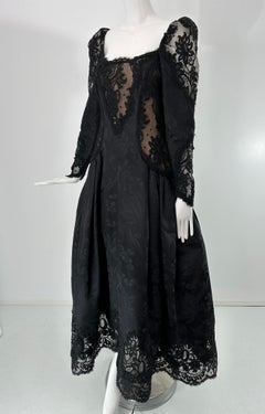 Scaaai 1990s Boutique Black Silk Brocade & Black Guipure Lace Evening Gown 10