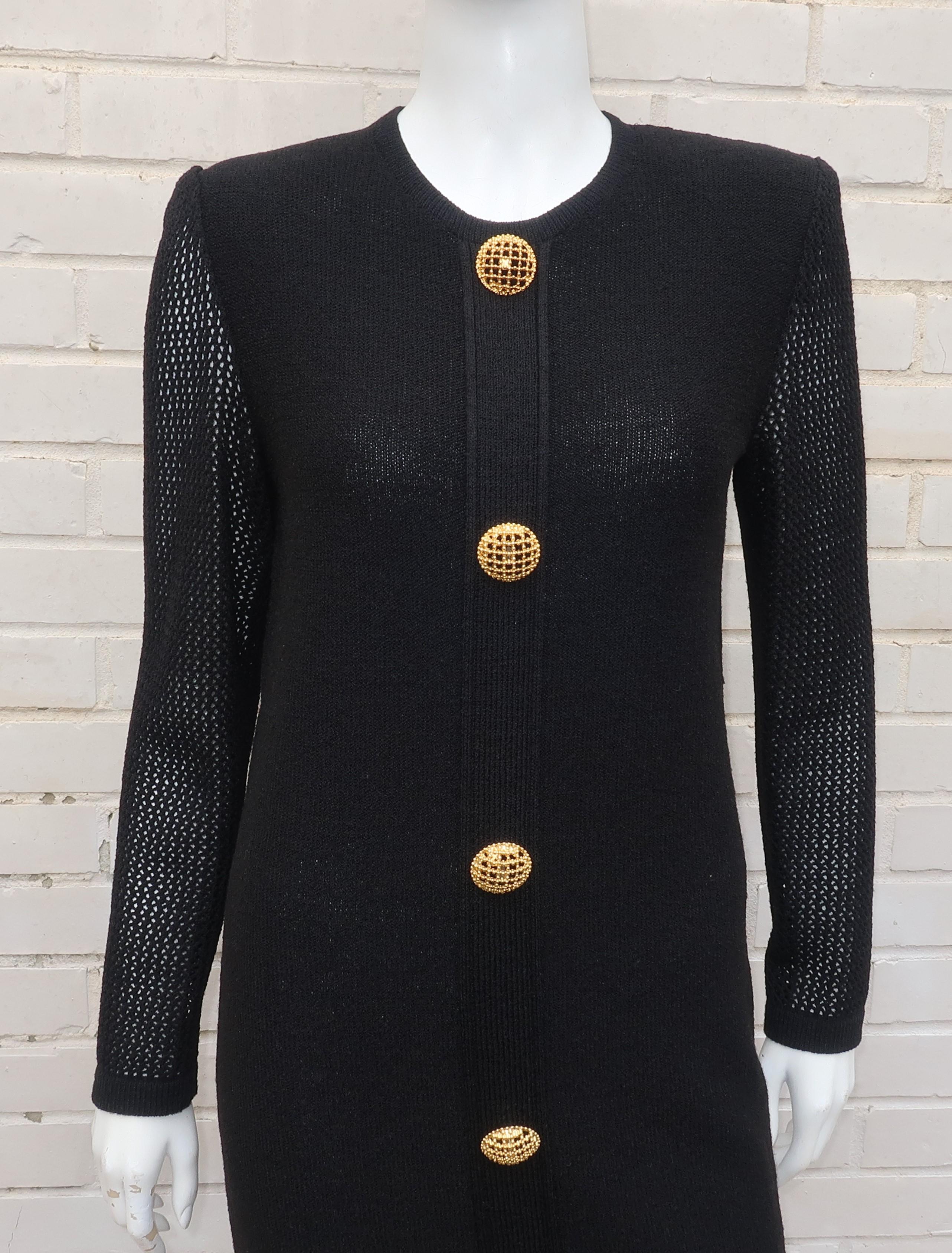 Scaasi 1980's Black Knit Dress With Large Gold Buttons In Good Condition In Atlanta, GA