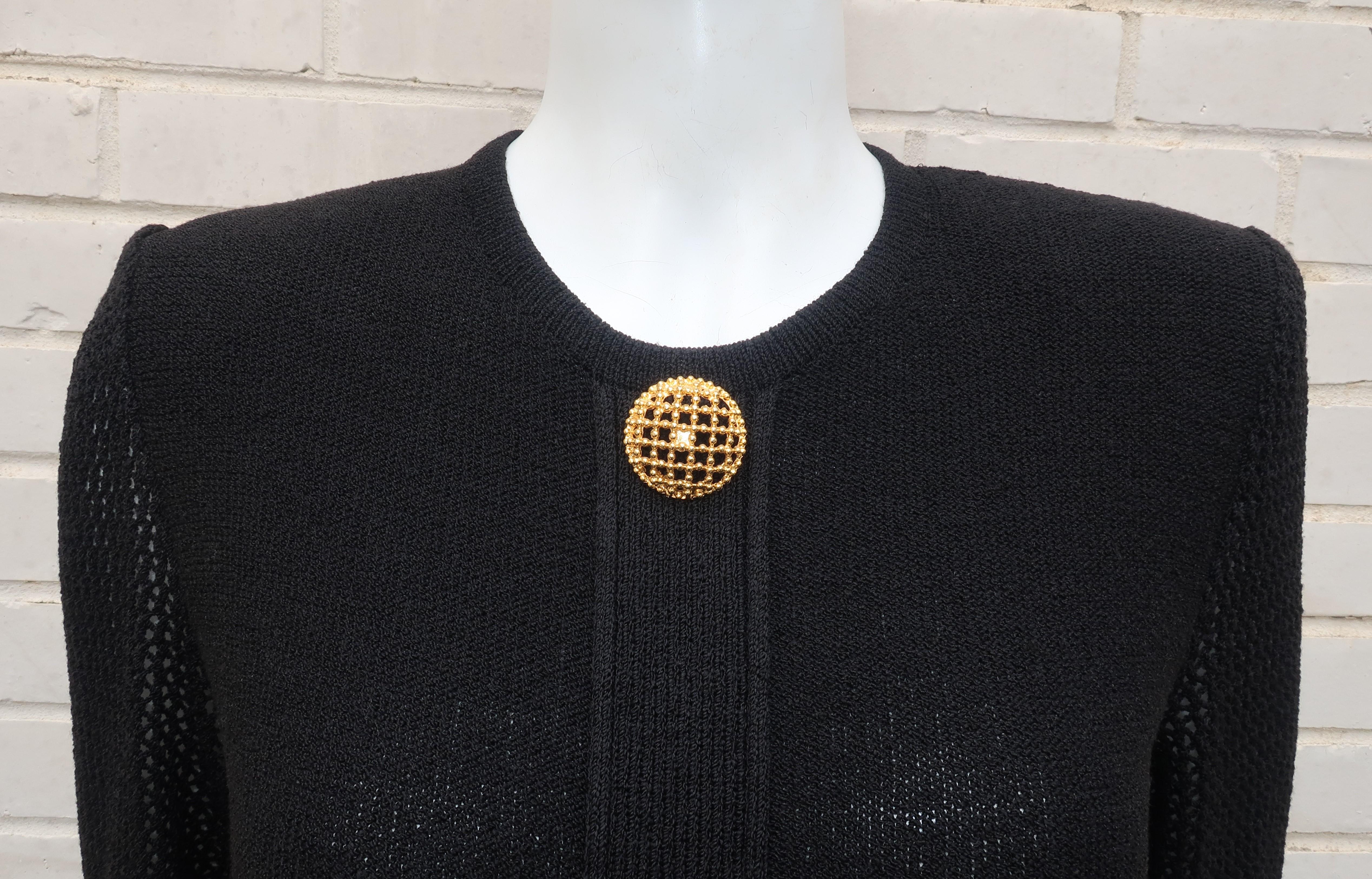 Women's Scaasi 1980's Black Knit Dress With Large Gold Buttons
