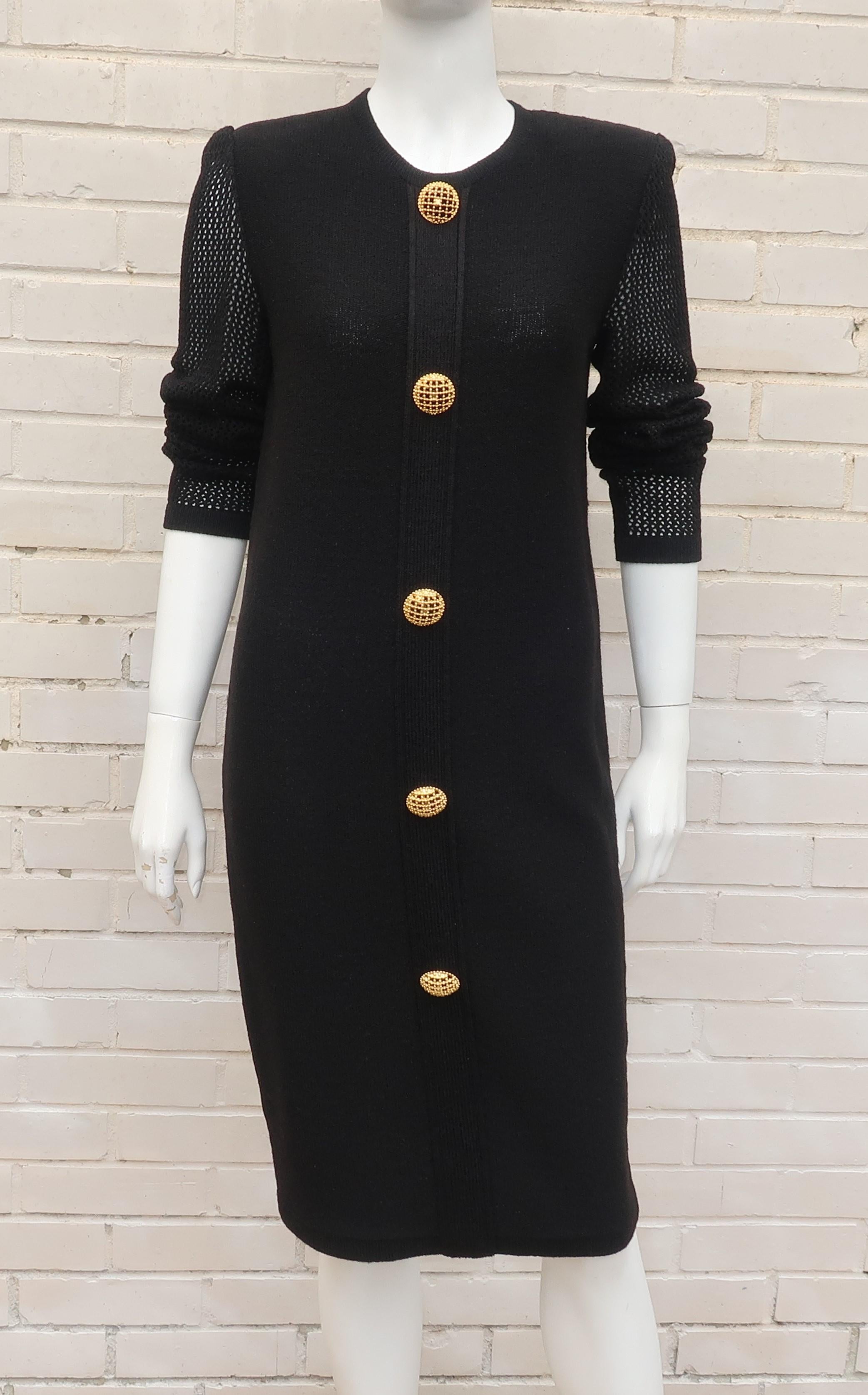 Scaasi 1980's Black Knit Dress With Large Gold Buttons 1