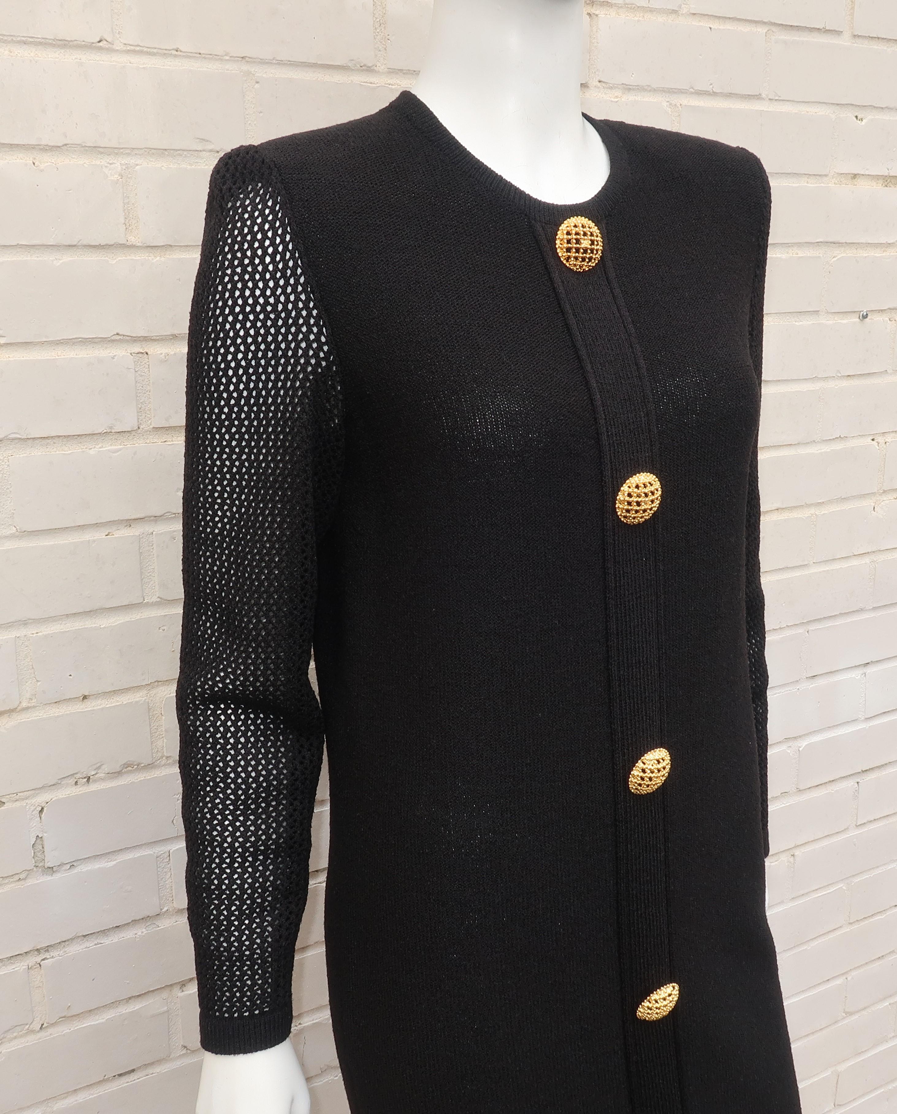 Scaasi 1980's Black Knit Dress With Large Gold Buttons 2