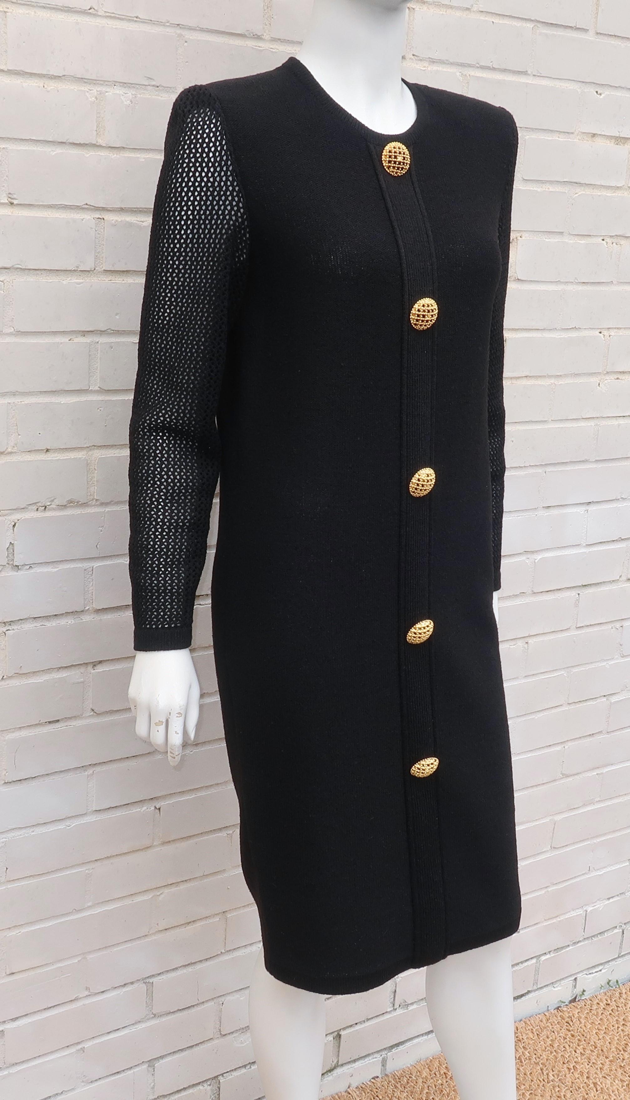 Scaasi 1980's Black Knit Dress With Large Gold Buttons 3