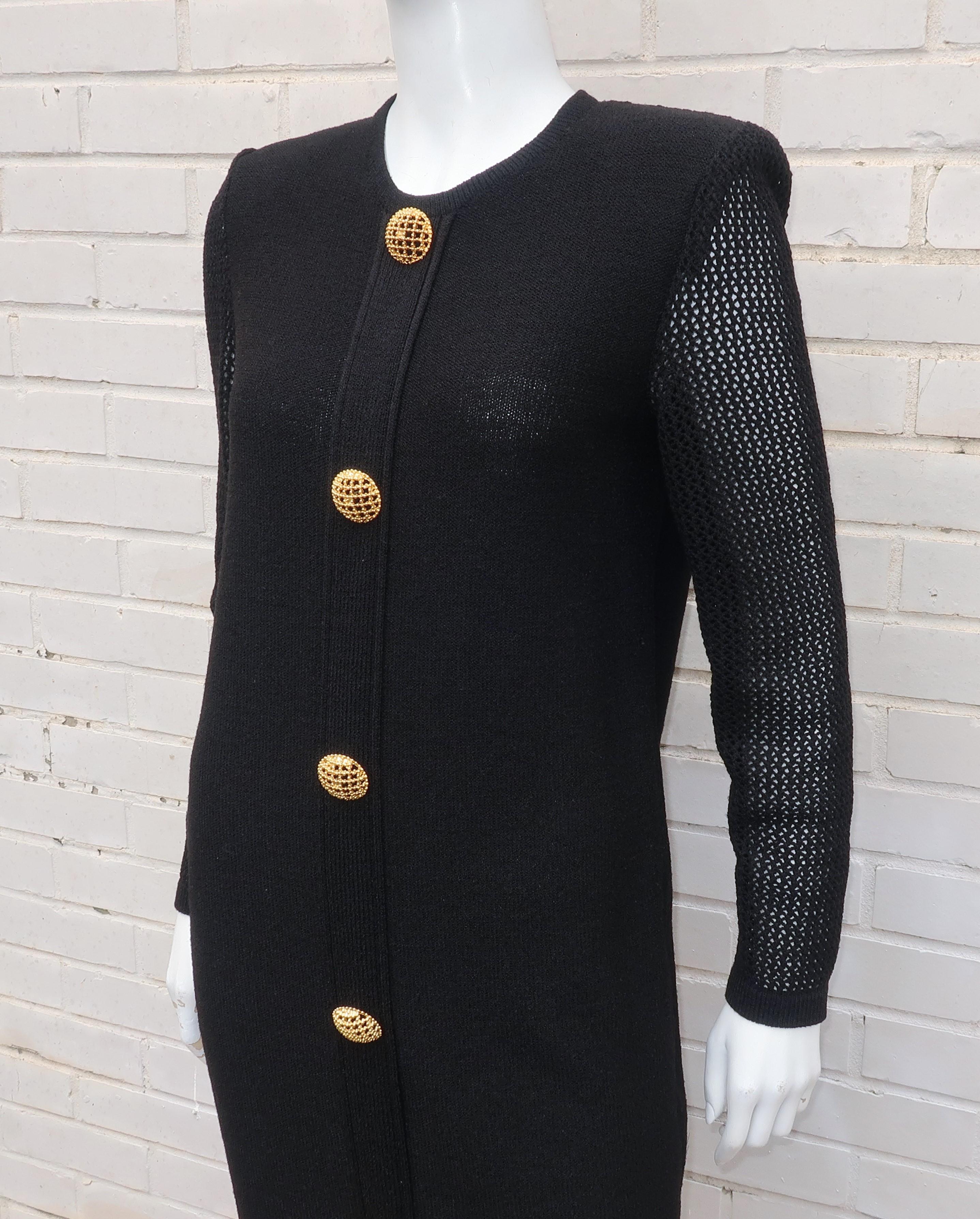 Scaasi 1980's Black Knit Dress With Large Gold Buttons 4