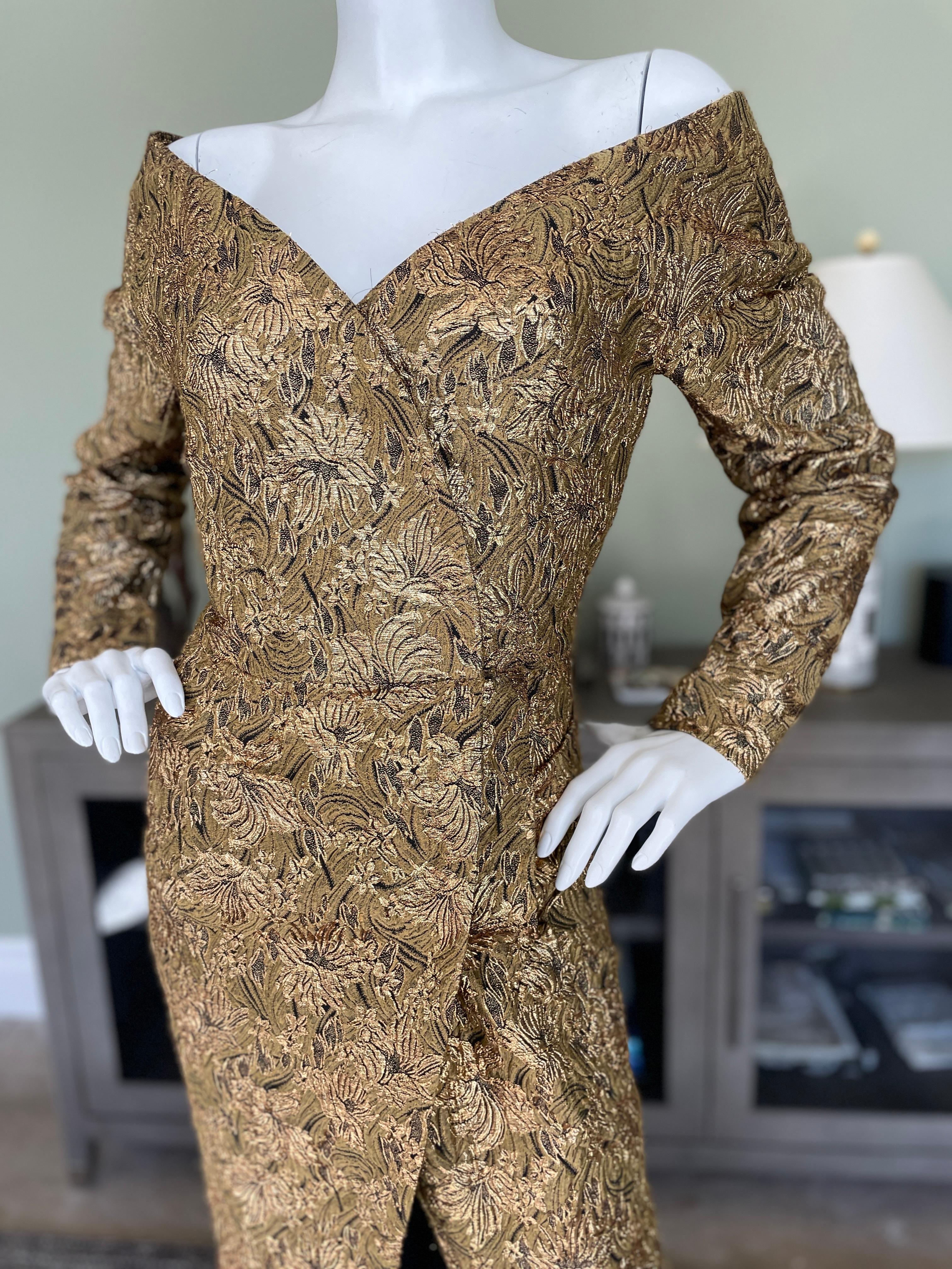 Scaasi 1980s Gold Floral Brocade Off the Shoulder Wrap Dress Size 14  In Good Condition For Sale In Cloverdale, CA