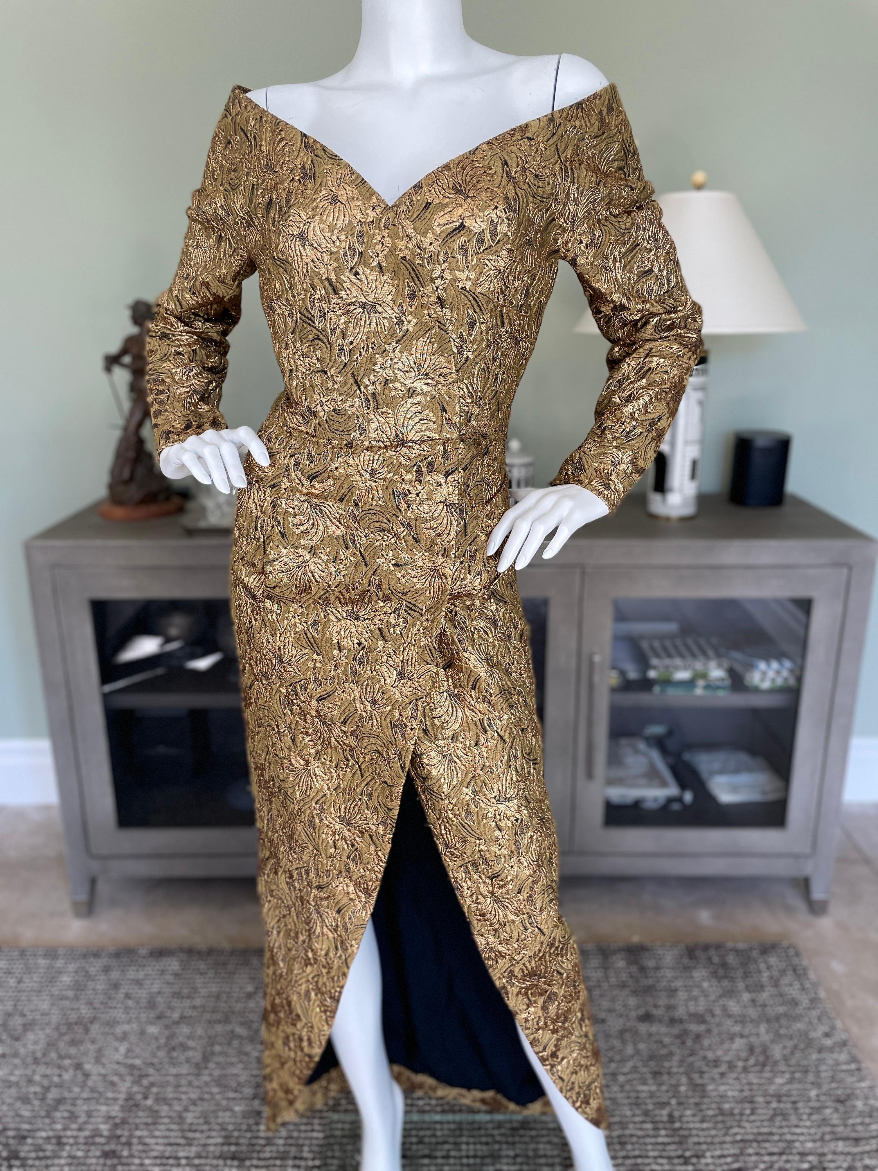 Women's Scaasi 1980s Gold Floral Brocade Off the Shoulder Wrap Dress Size 14  For Sale