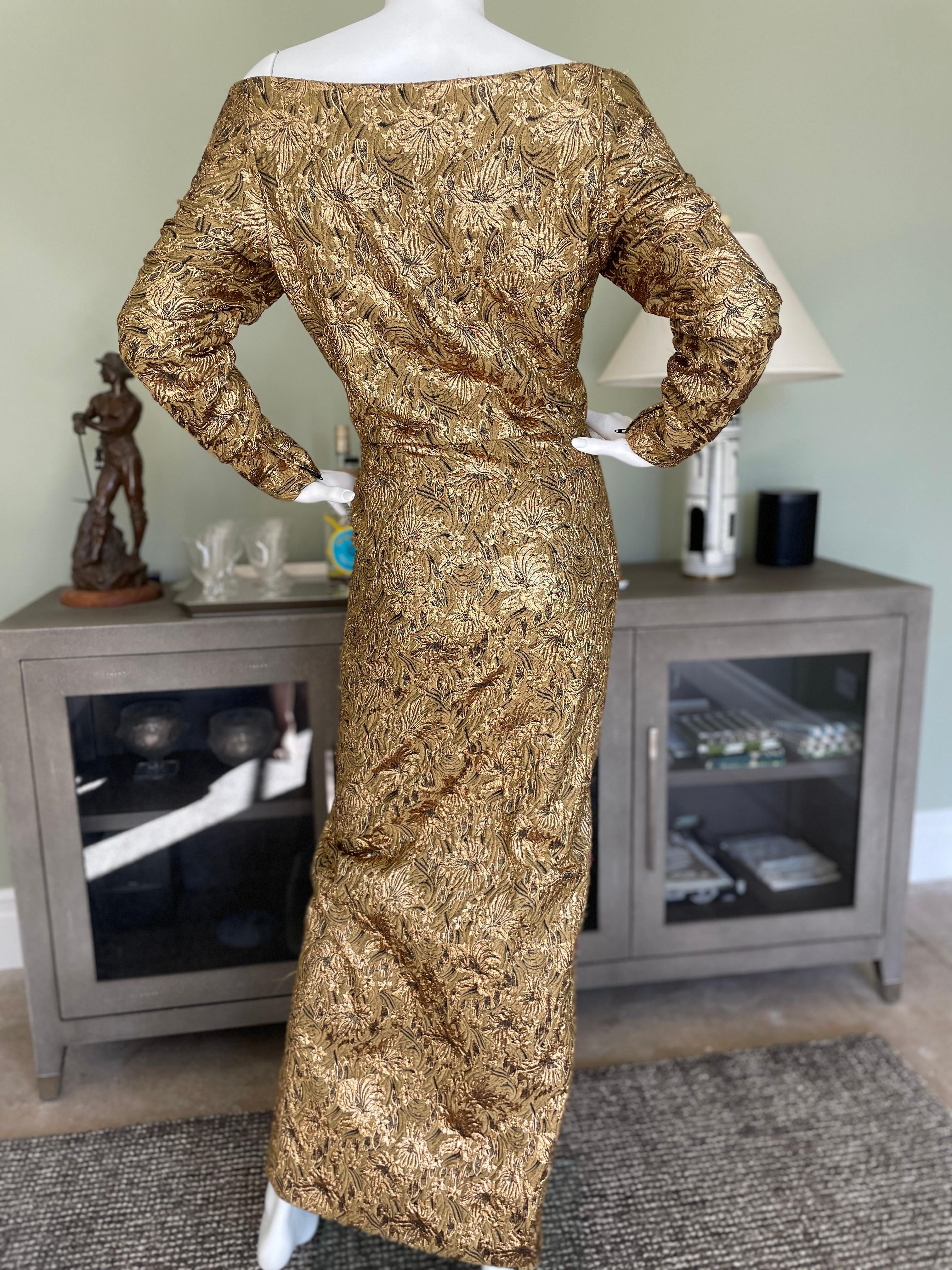 Scaasi 1980s Gold Floral Brocade Off the Shoulder Wrap Dress Size 14  For Sale 1