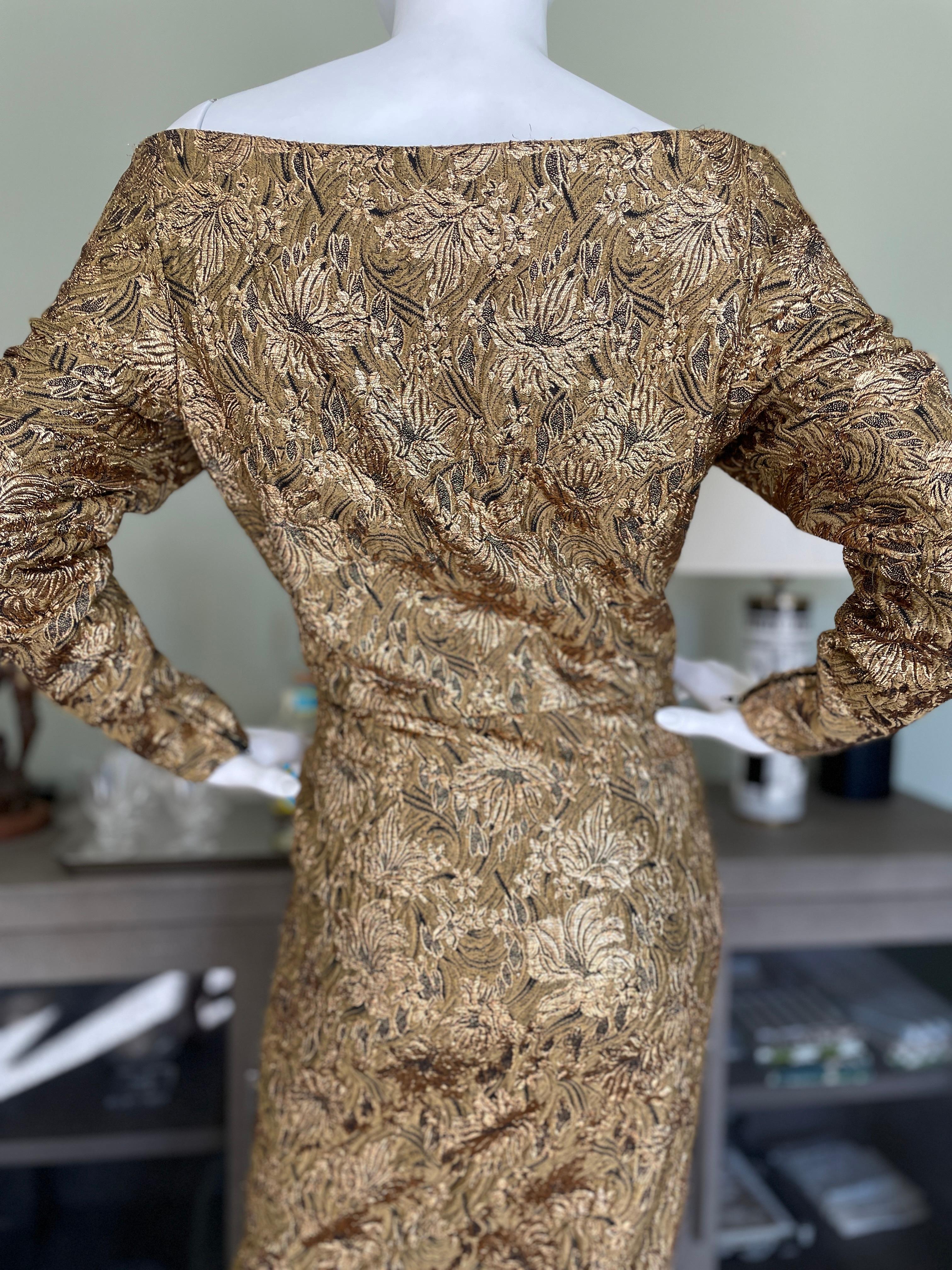 Scaasi 1980s Gold Floral Brocade Off the Shoulder Wrap Dress Size 14  For Sale 2