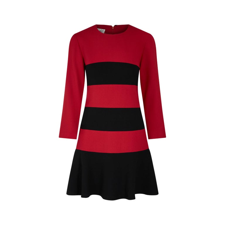 Scaasi 1990s Wool Red and Black Stripe Dress For Sale at 1stDibs