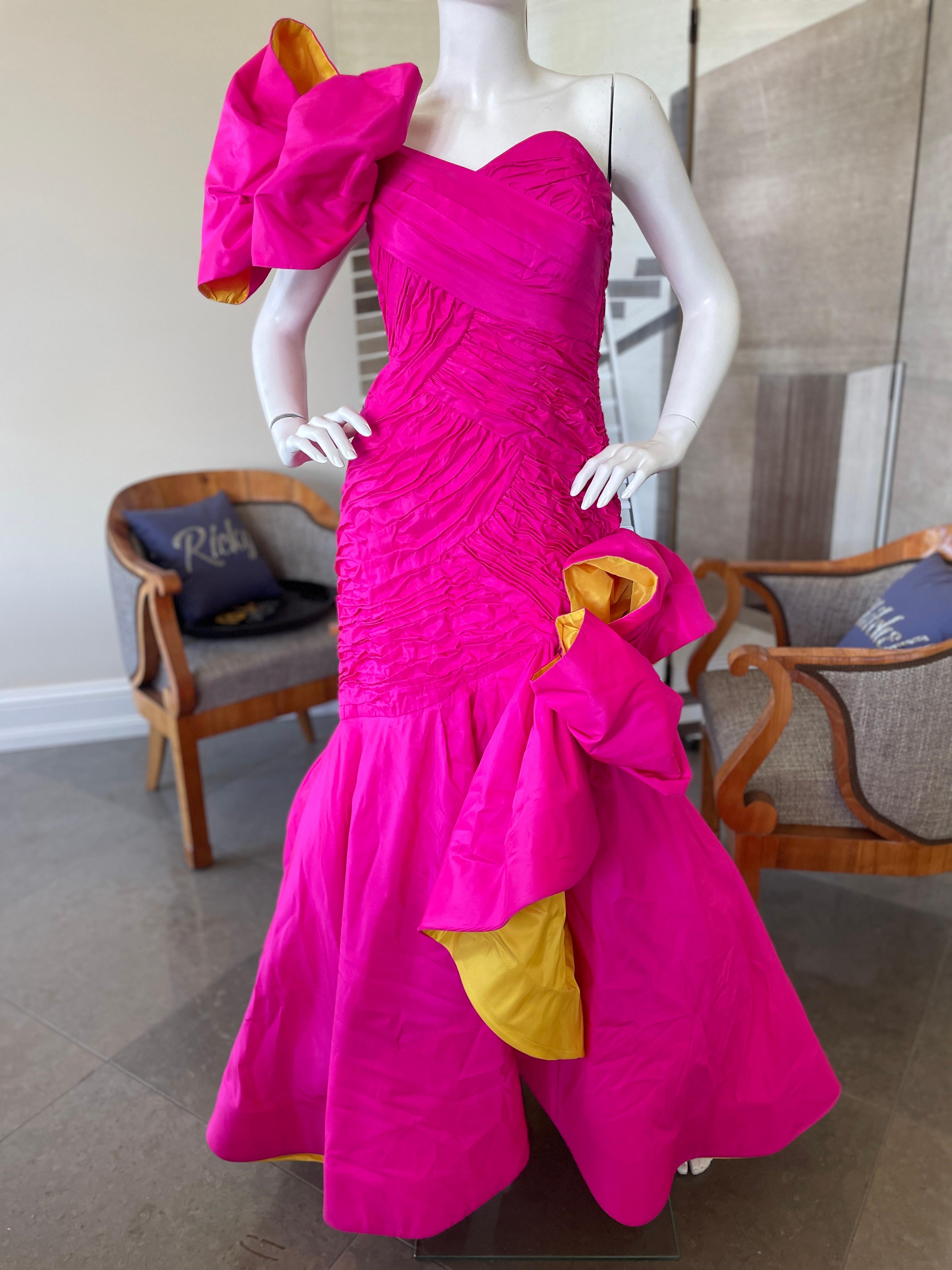 Scaasi 80's Strapless Hot Pink Mermaid Ball Gown with Yellow Trim
This is so dramatic, photos don't capture it, it's WOW.
Size Small, there is no size label
 Bust 34
