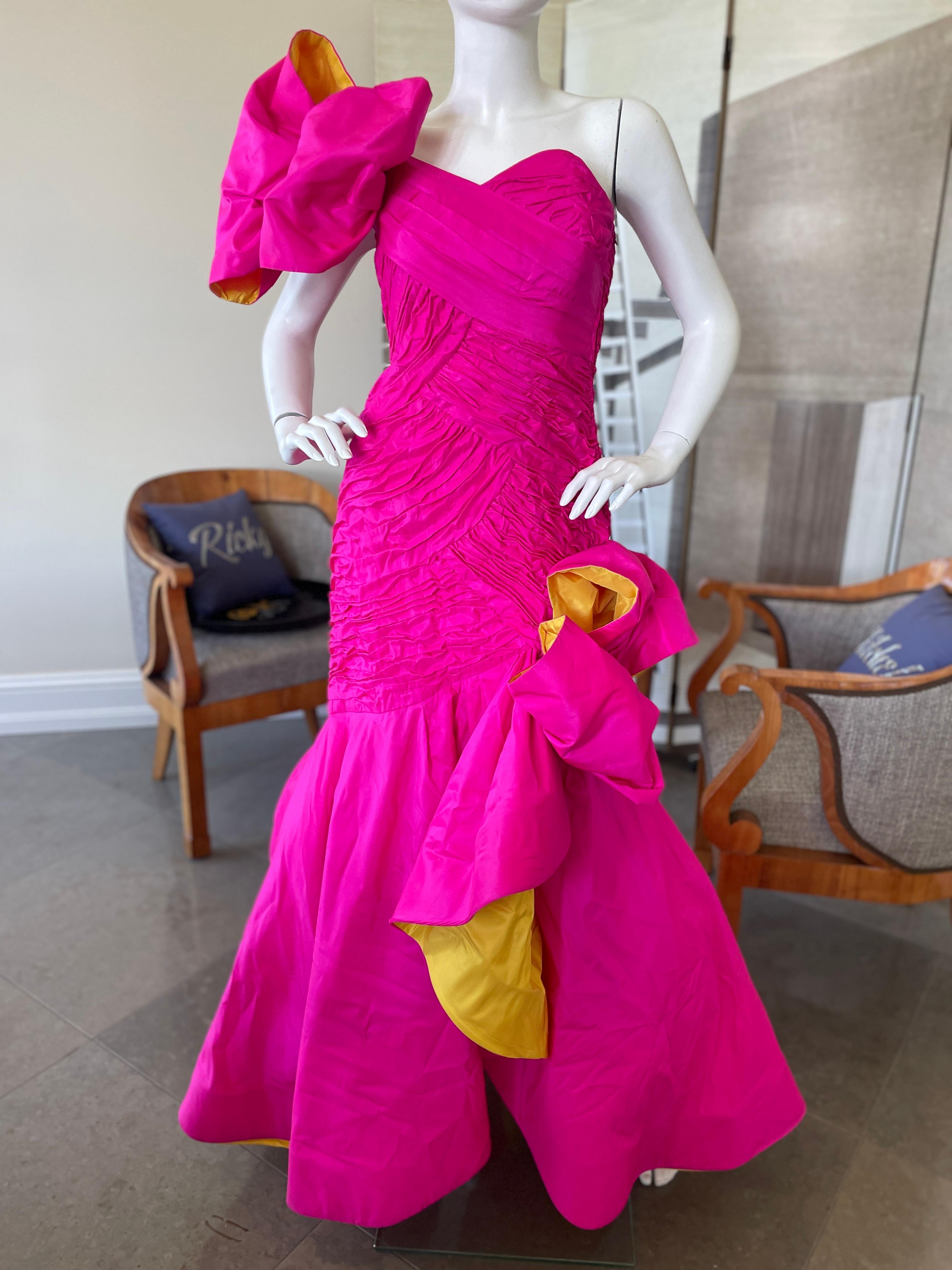 Scaasi 80's Strapless Hot Pink Mermaid Ball Gown with Yellow Trim In Excellent Condition For Sale In Cloverdale, CA