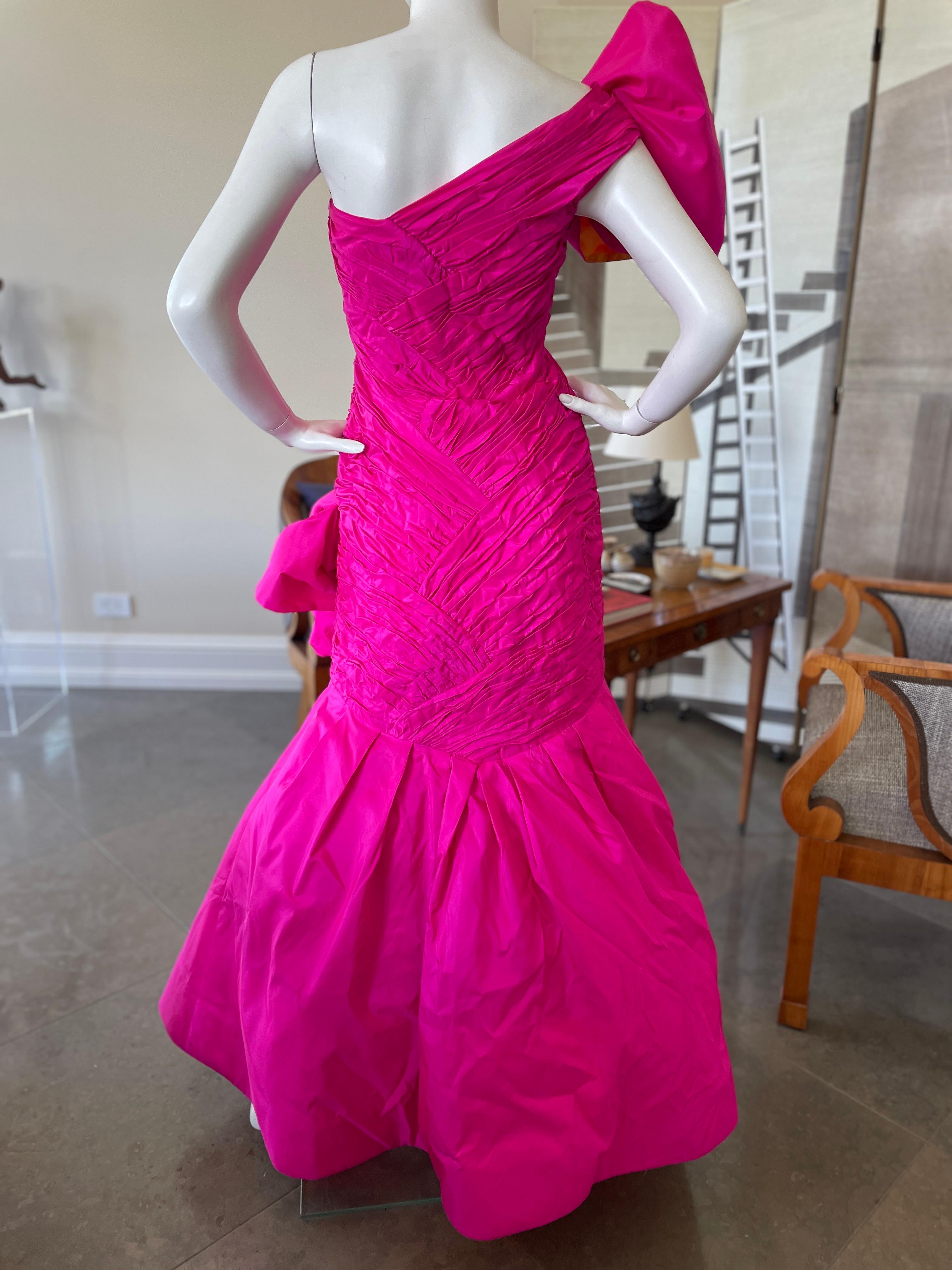Women's Scaasi 80's Strapless Hot Pink Mermaid Ball Gown with Yellow Trim For Sale
