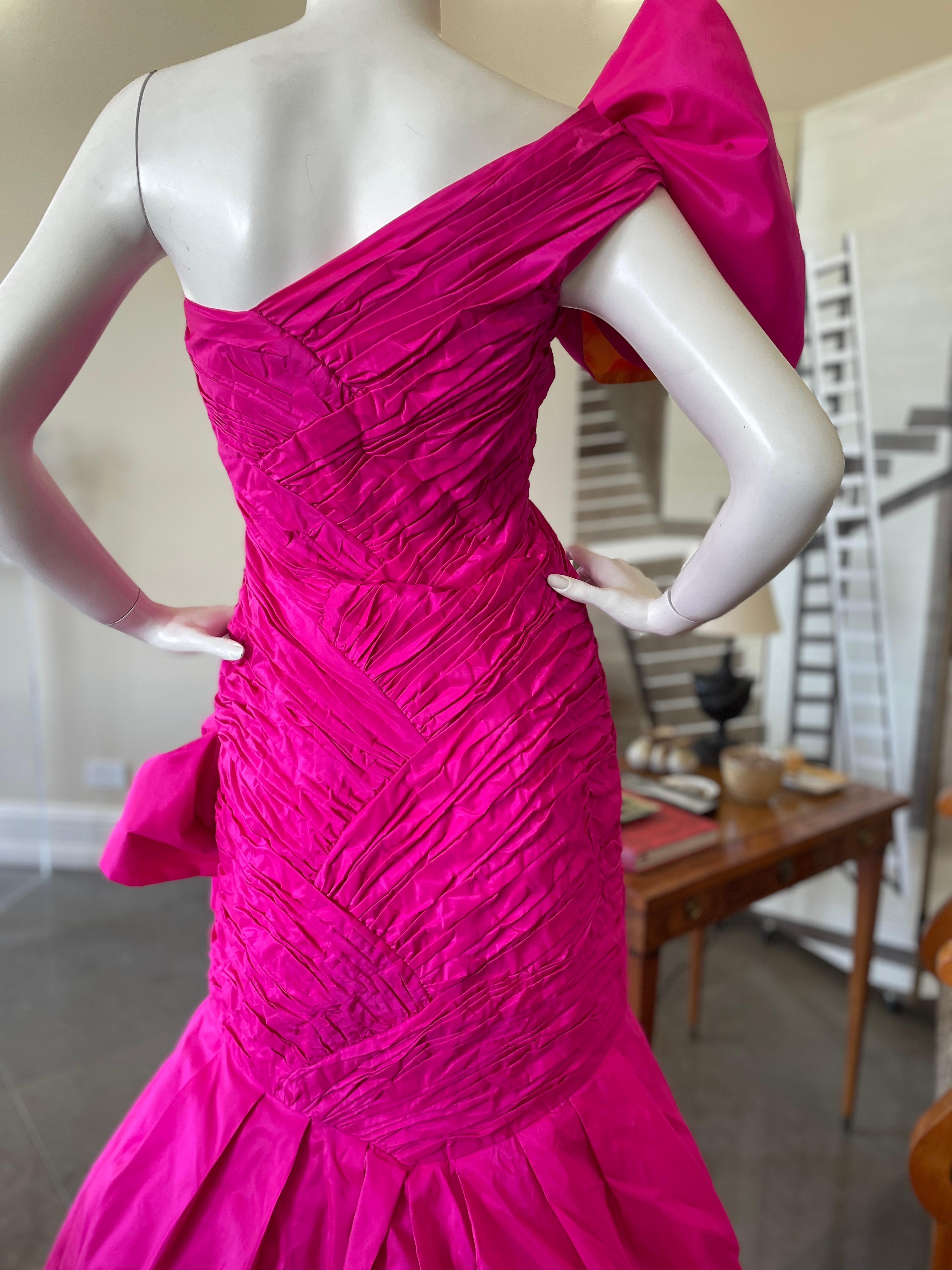 Scaasi 80's Strapless Hot Pink Mermaid Ball Gown with Yellow Trim For Sale 1