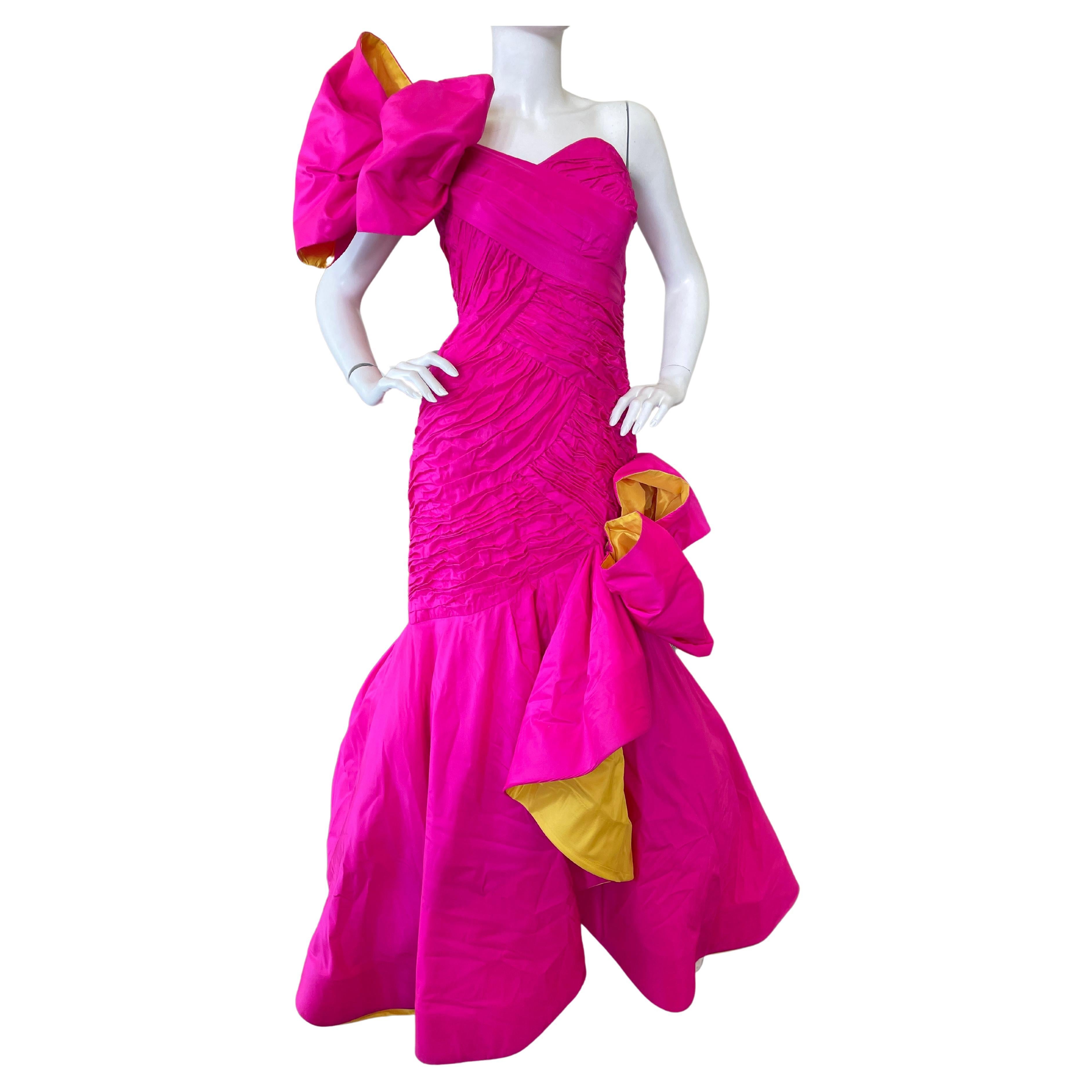 Scaasi 80's Strapless Hot Pink Mermaid Ball Gown with Yellow Trim For Sale