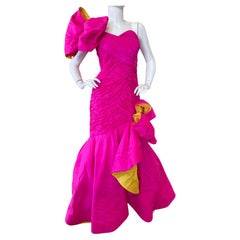 Scaasi 80's Strapless Hot Pink Mermaid Ball Gown with Yellow Trim