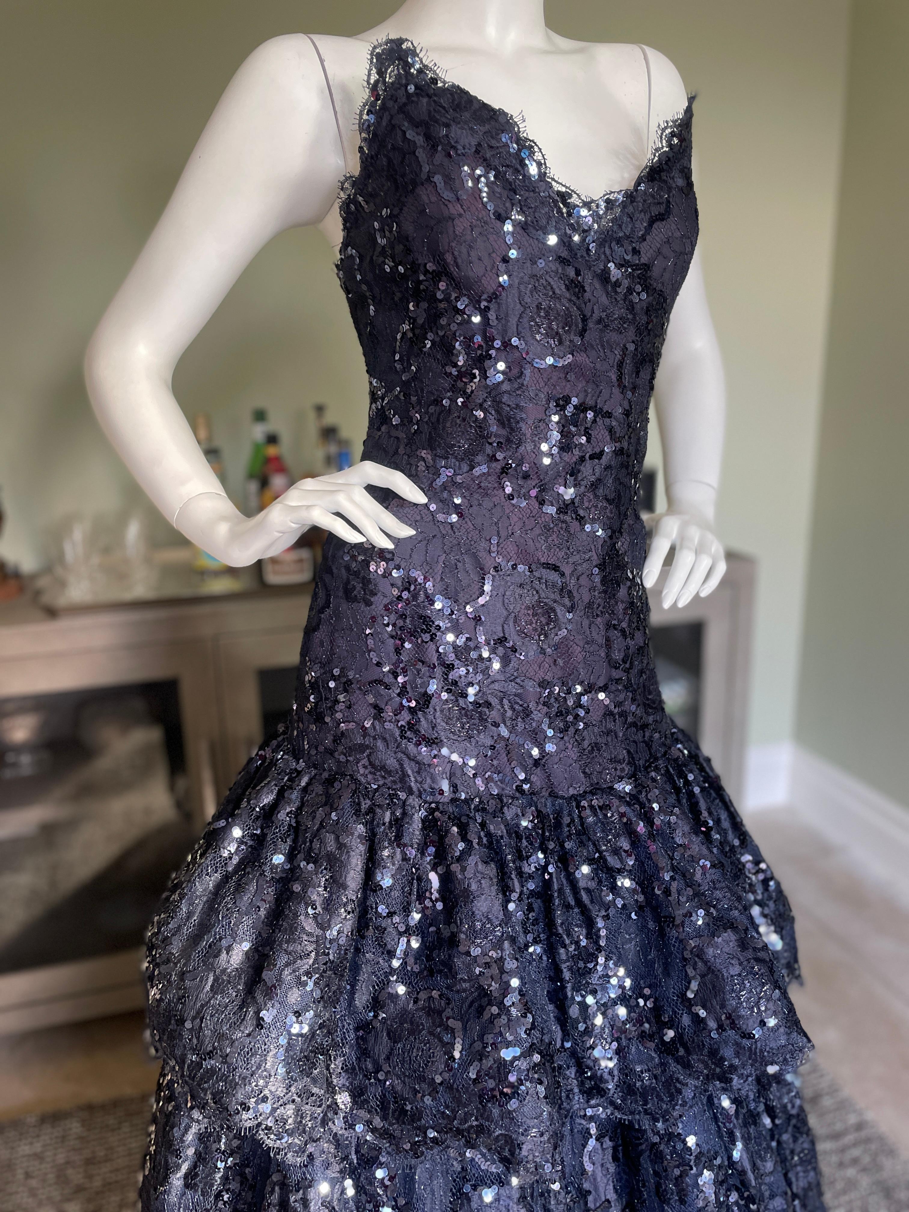 Scaasi 80's Strapless Navy Blue Tiered Sequin Ball Gown For Sale at 1stDibs