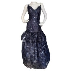 Scaasi 80's Strapless Navy Blue Tiered Sequin Ball Gown 