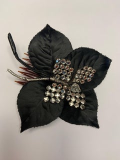 Scaasi Black Silk and Diamante Flower Form Hair Ornament
