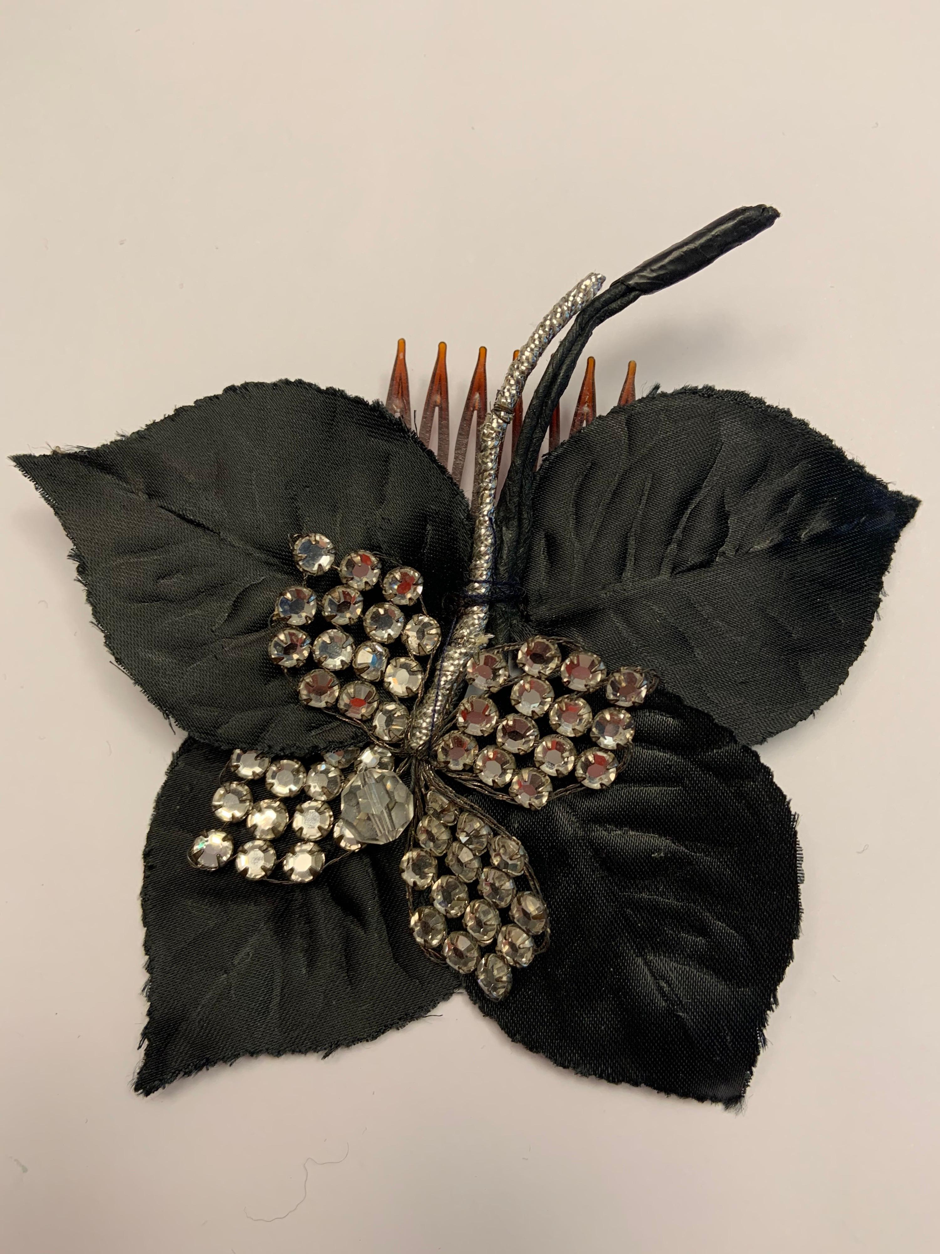 Scaasi Black Silk and Diamante Flower Form Hair Ornament In Good Condition In New Hope, PA