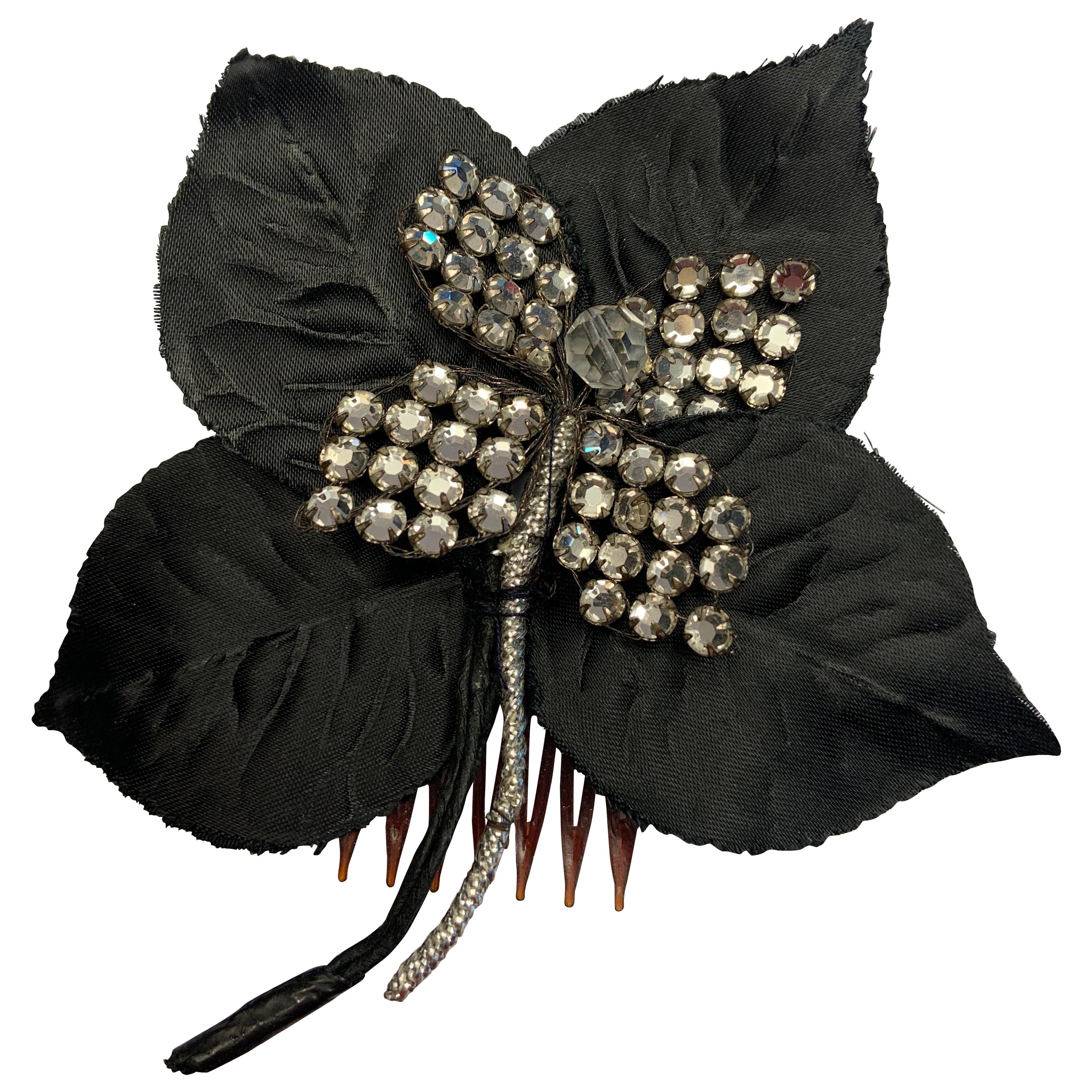 Scaasi Black Silk and Diamante Flower Form Hair Ornament