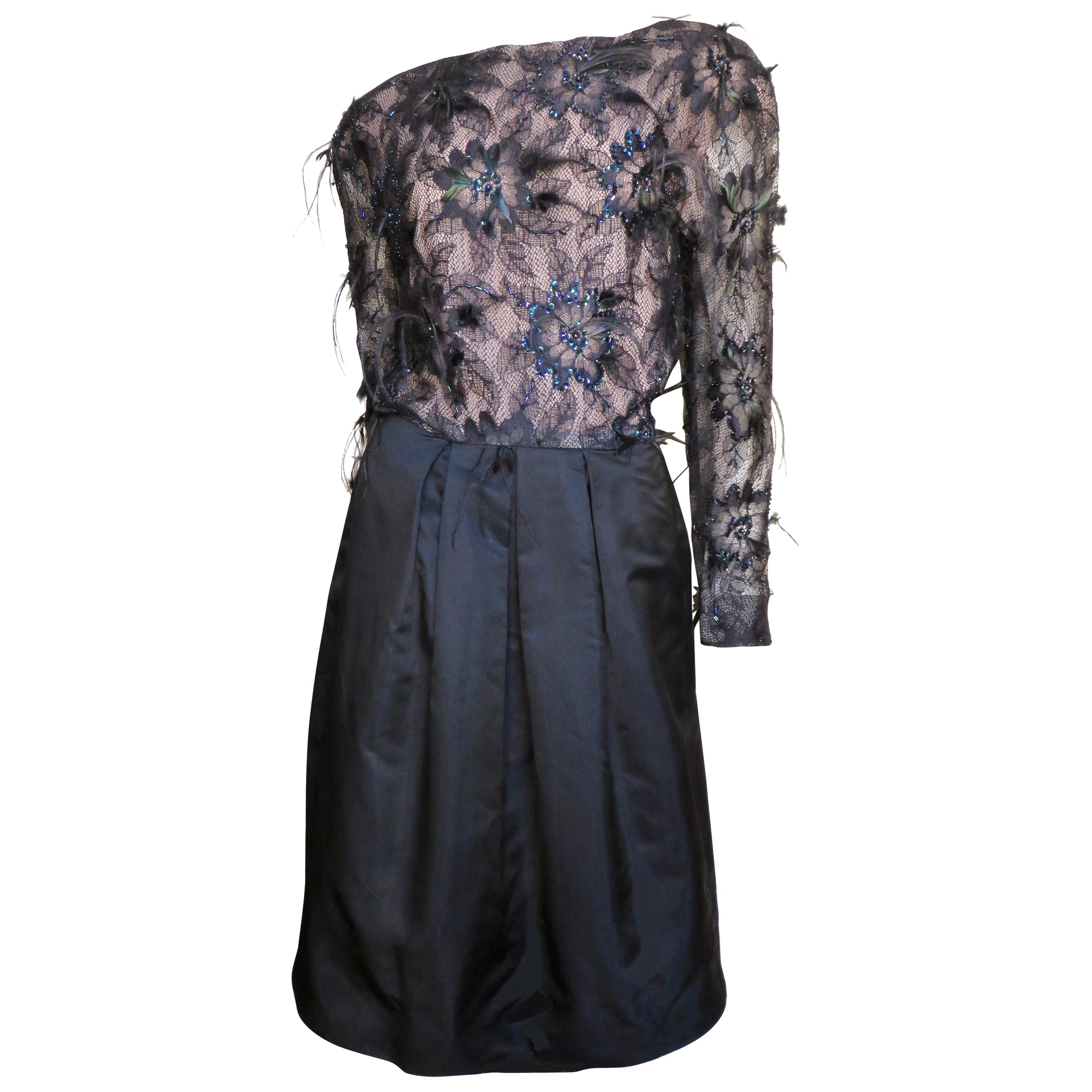 Scaasi 80s Vintage Metallic Black Lace Strapless Dress at 1stDibs
