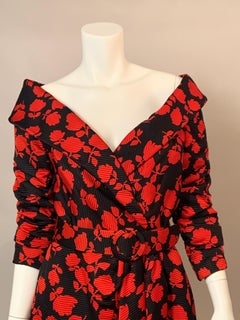Scaasi Boutique Red Roses on Black Silk Faille Off the Shoulder Cocktail Dress