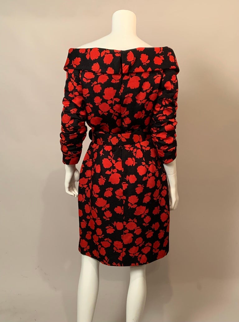Scaasi Boutique Red Roses on Black Silk Faille Off the Shoulder Cocktail Dress For Sale 2